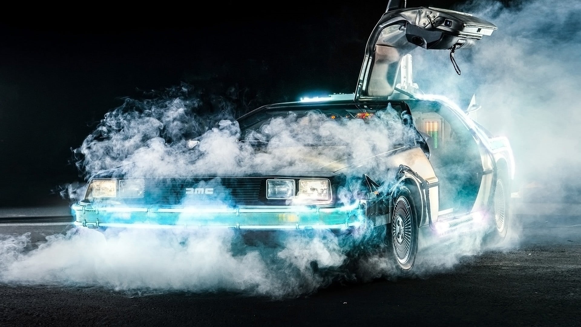 black background, smoke, 1080P, black, car, activity, vehicle, speed, Back to the Future, strength, land vehicle, transportation, green, competitive sport, HD Wallpaper