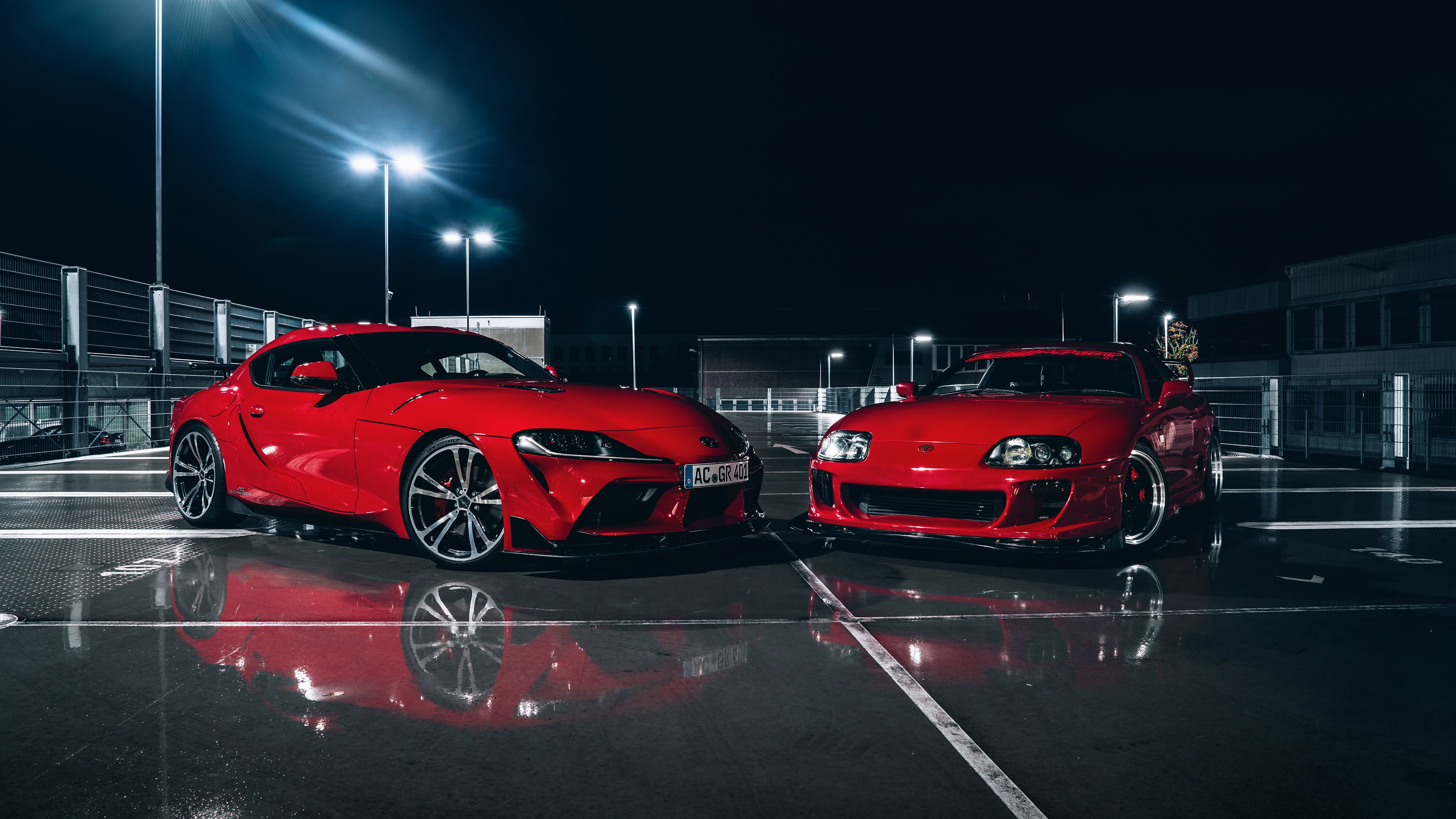 vehicle, Toyota Supra, night, parking lot, car, street, 4K, reflection, street light, HD Wallpaper