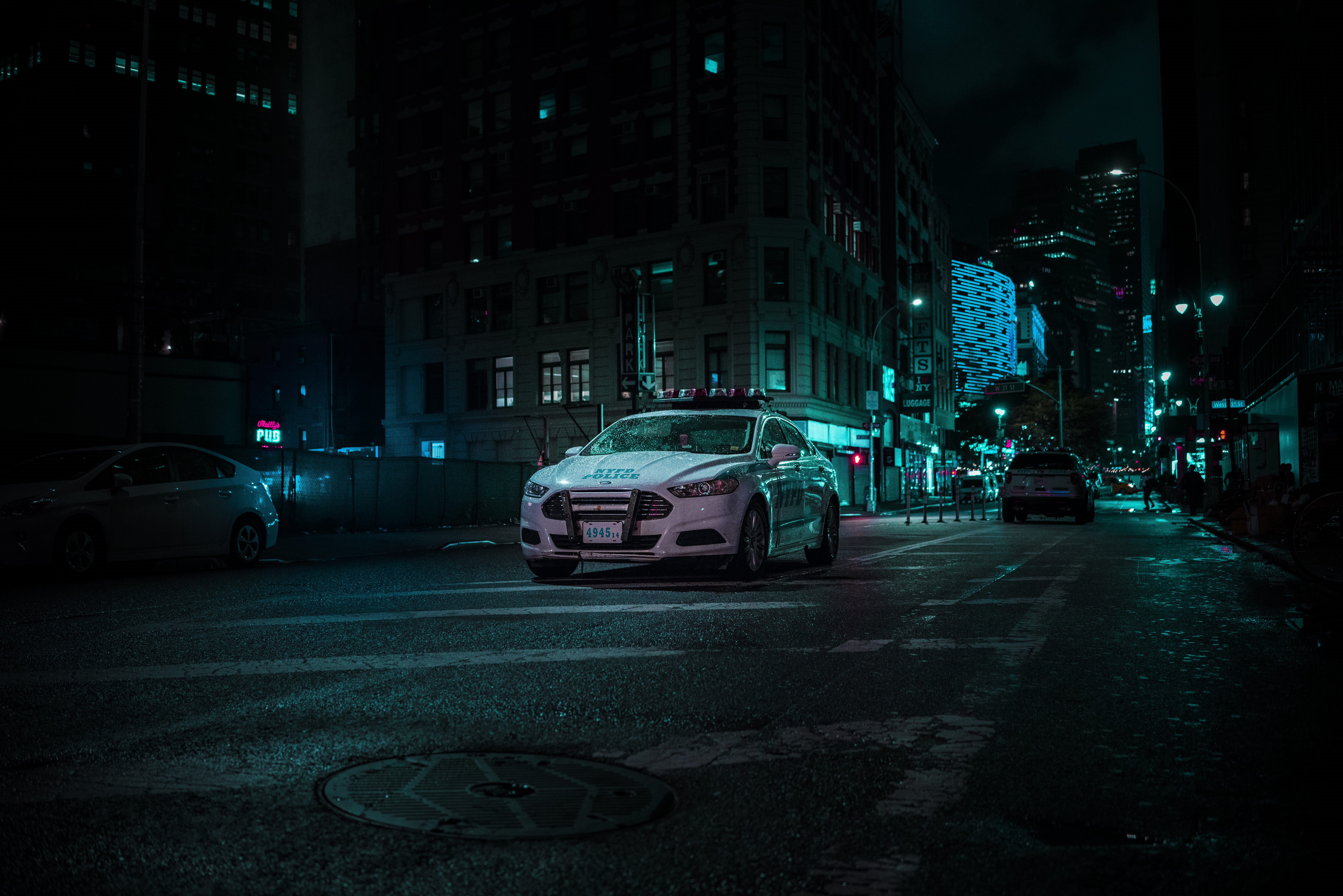 mode of transportation, architecture, city street, car, building, parked, spot, city life, policecar, office building exterior, traffic, nyc, vehicle, land vehicle, HD Wallpaper