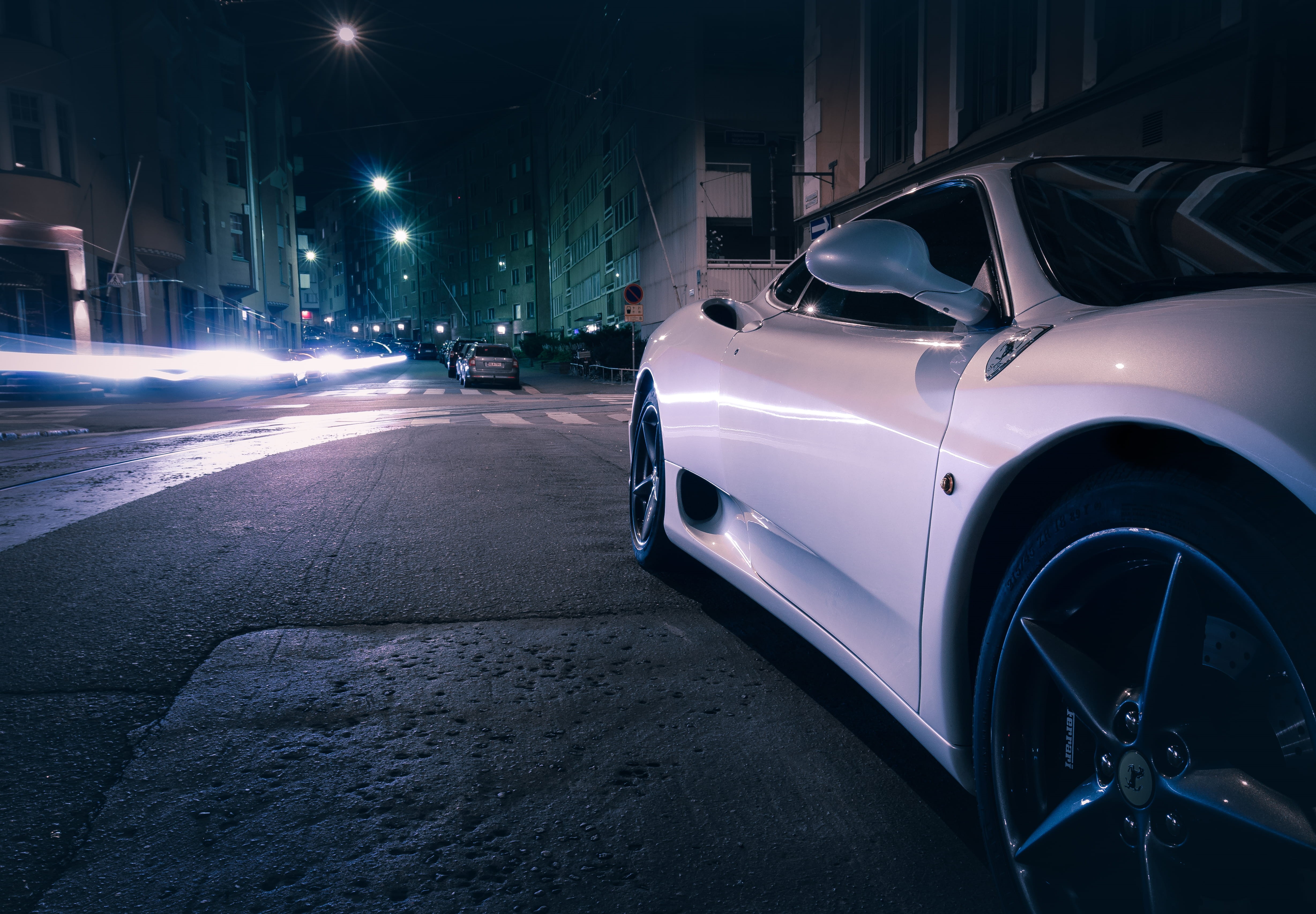 night, crosswalk, sportcar, modena, streetview, city, white, transportation, light, street, design, outdoors, tyre, asphalt, traffic, urban, HD Wallpaper