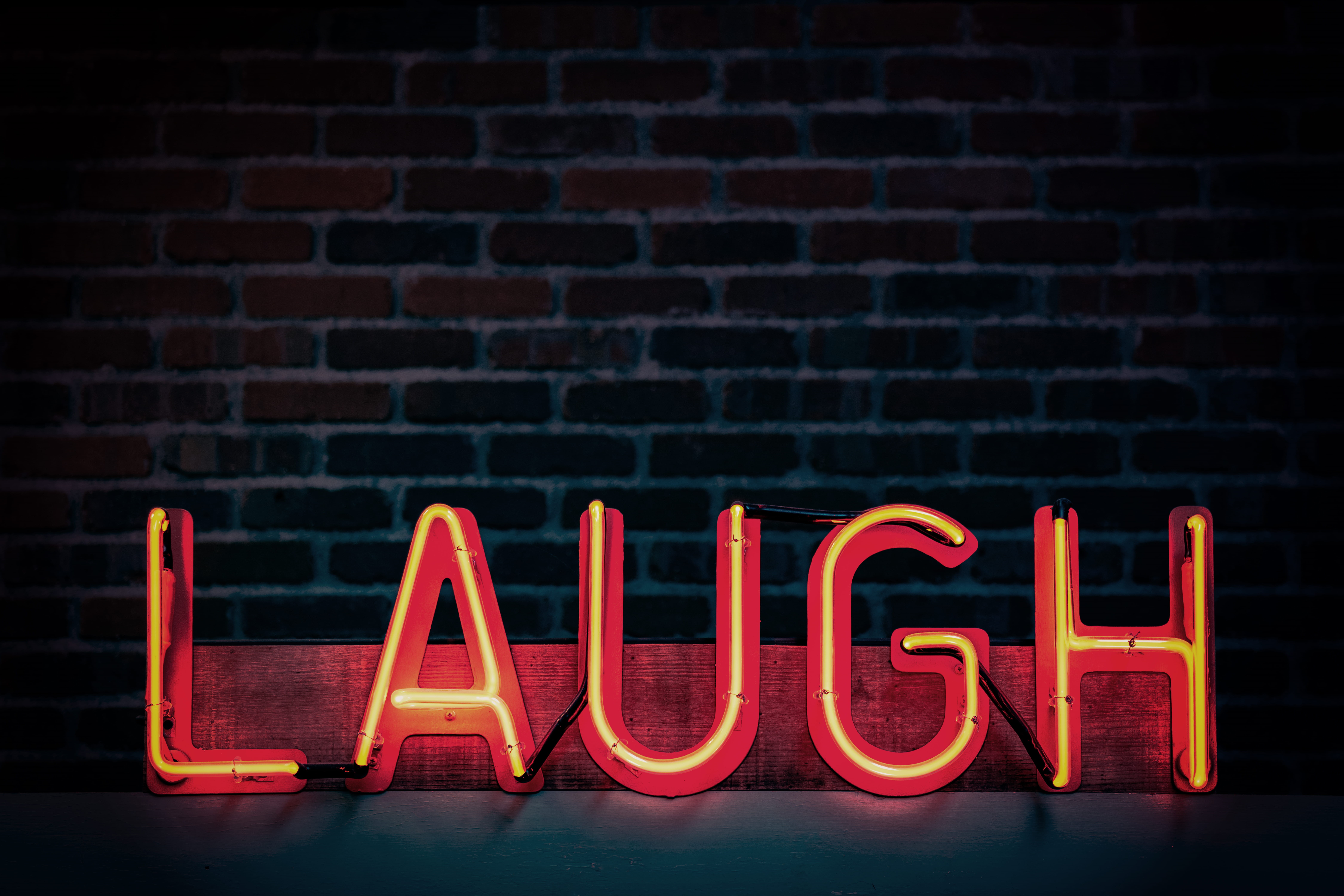 lights, colors, funny, night, sign, dark, signage, black background, laugh, brick wall, number, no people, text, capital letter, red, communication, western script, HD Wallpaper