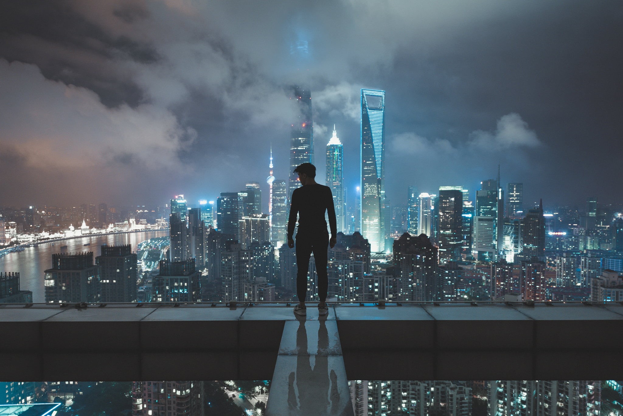 blue, architecture, wearing, office building exterior, modern, sky, rear view, cyan, black, city, backgrounds, tower, neon, Jason Liu, staring, asian Ethnicity, HD Wallpaper
