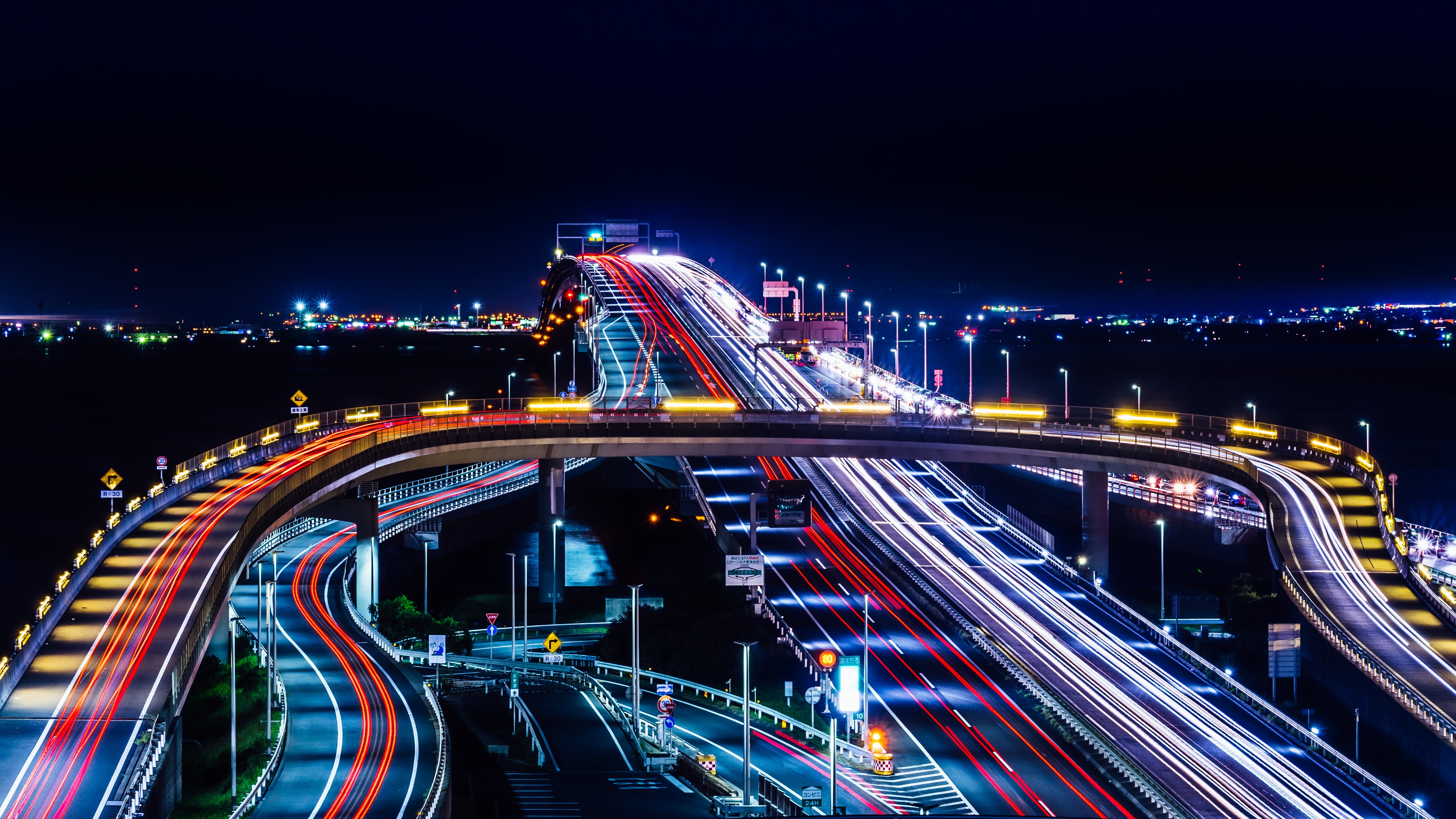 urban Scene, lights on, bridge - Man Made Structure, 5K, Highway, photo, night, architecture, SAL70300G, time-lapse, Japan, famous Place, street, lights, HD Wallpaper