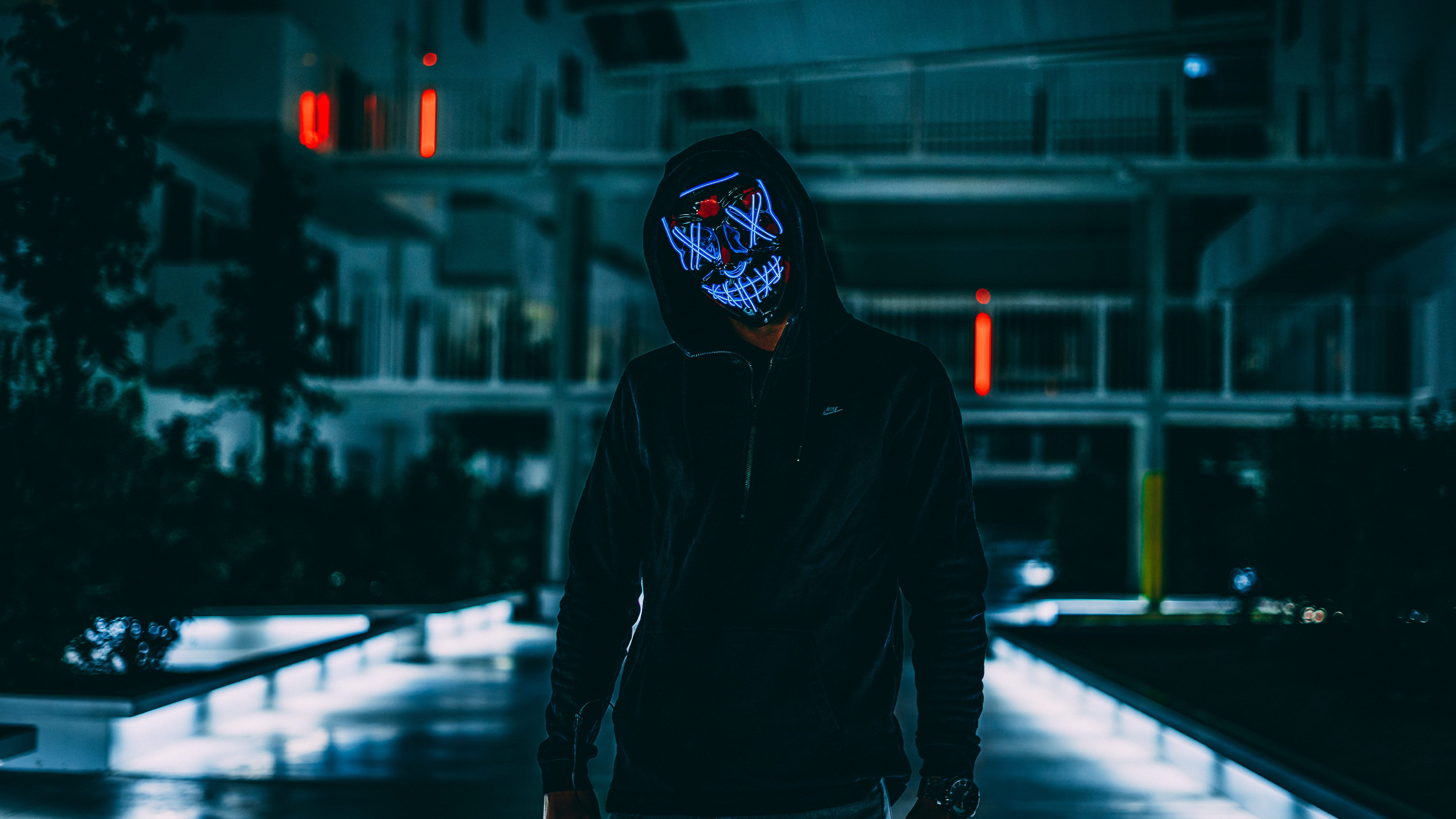 sweatshirt, hood - clothing, apparel, hat, bokeh, illuminated, waist up, light, building, glow, architecture, clothing, built structure, man, front view, HD Wallpaper