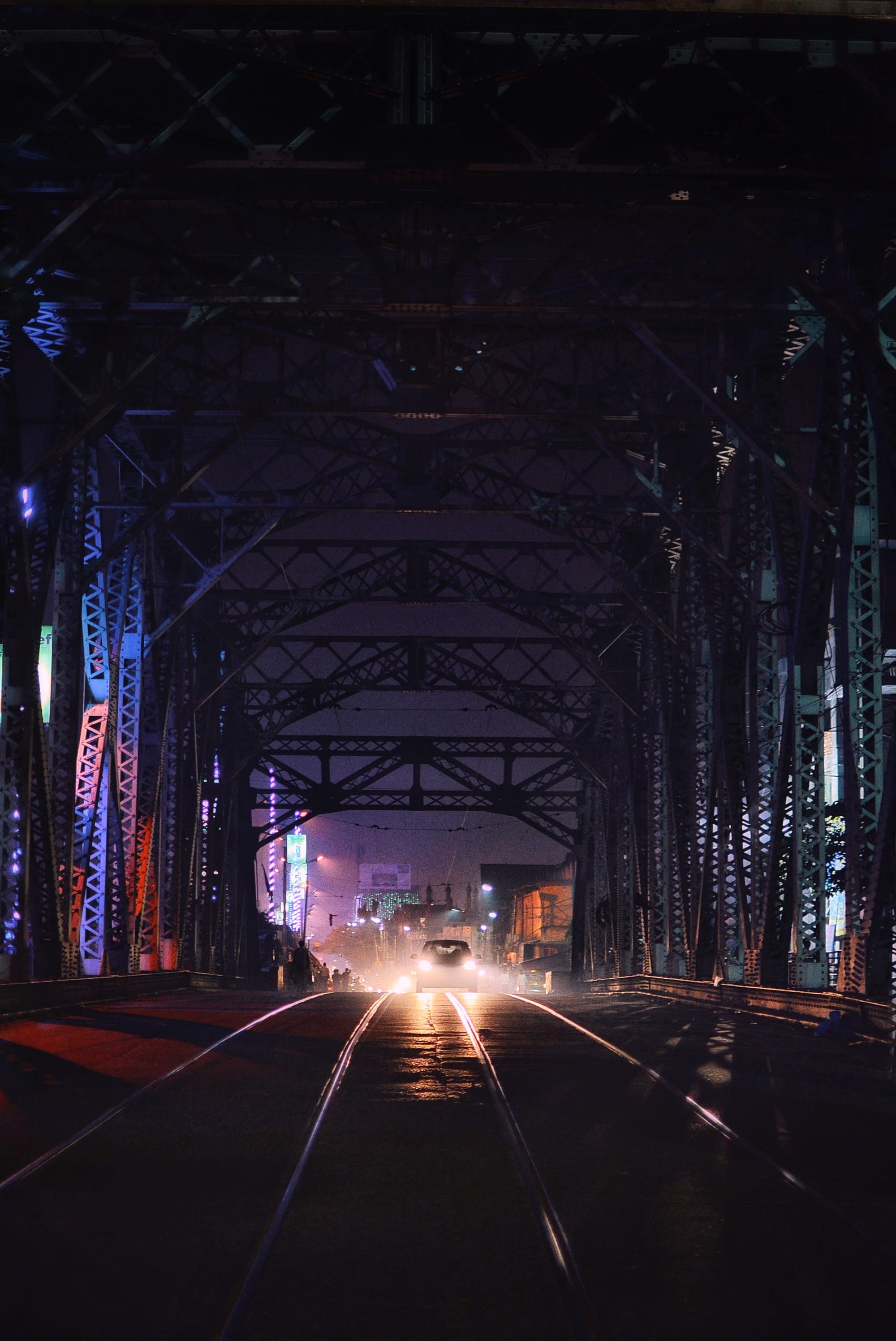 no people, building, metal, transportation, kolkata, metropolis, road, town, night, bridge, symbol, city, sign, india, nighttime, long, street, architecture, Phone HD Wallpaper