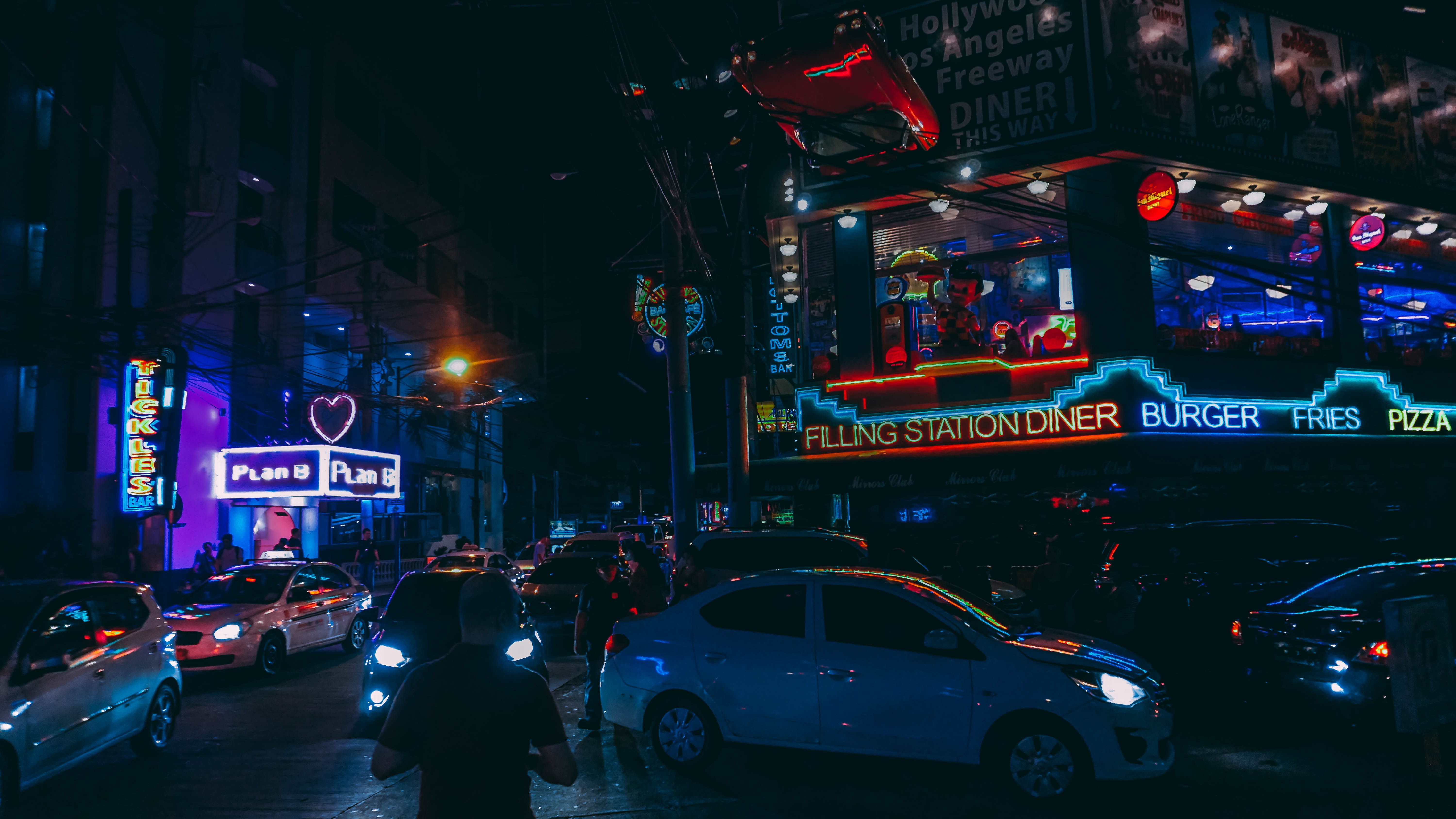 commerce, office building exterior, built structure, land vehicle, communication, city life, car, buildings, city, cityscape, real people, neon, illuminated, HD Wallpaper