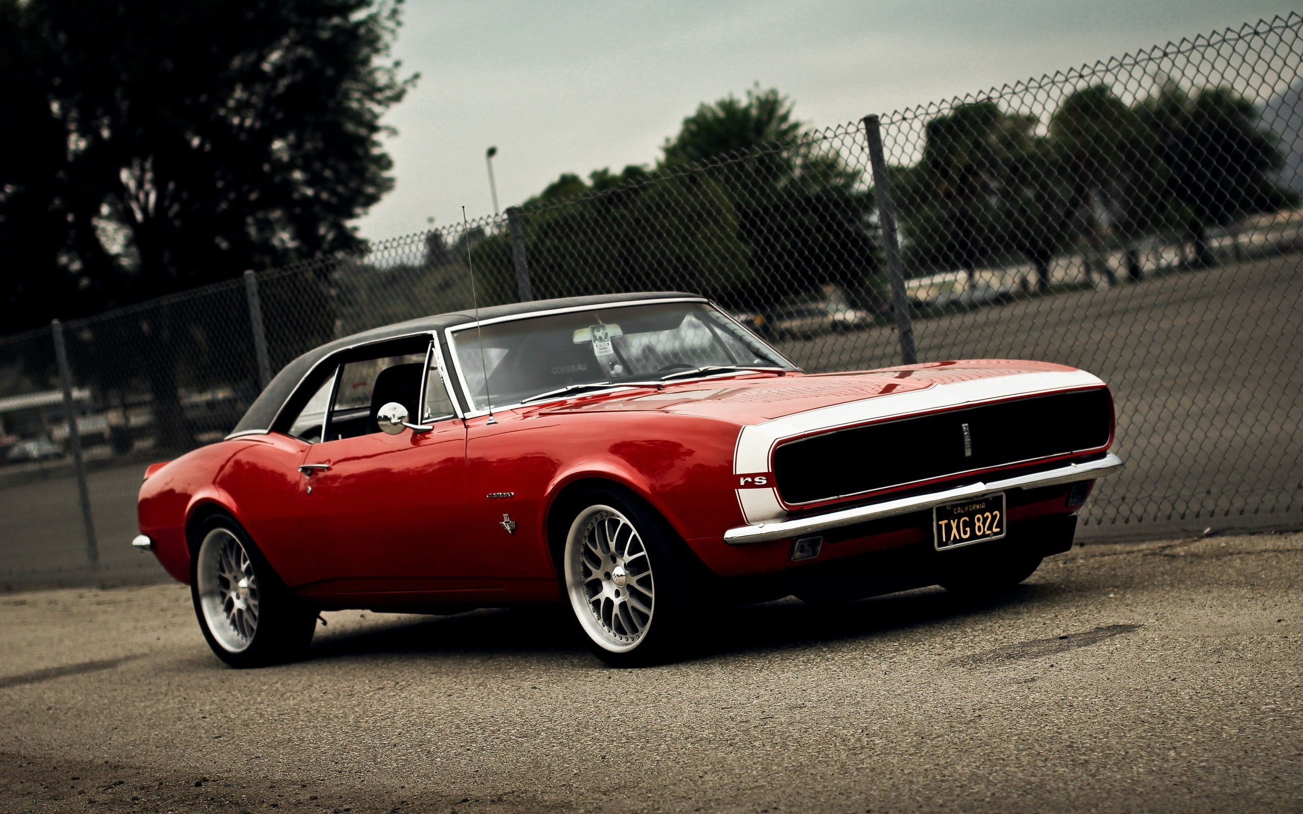 luxury, sky, day, land vehicle, Chevy, architecture, red, road, tree, transportation, retro styled, muscle, convertible, city, 2K, vintage car, nature, HD Wallpaper