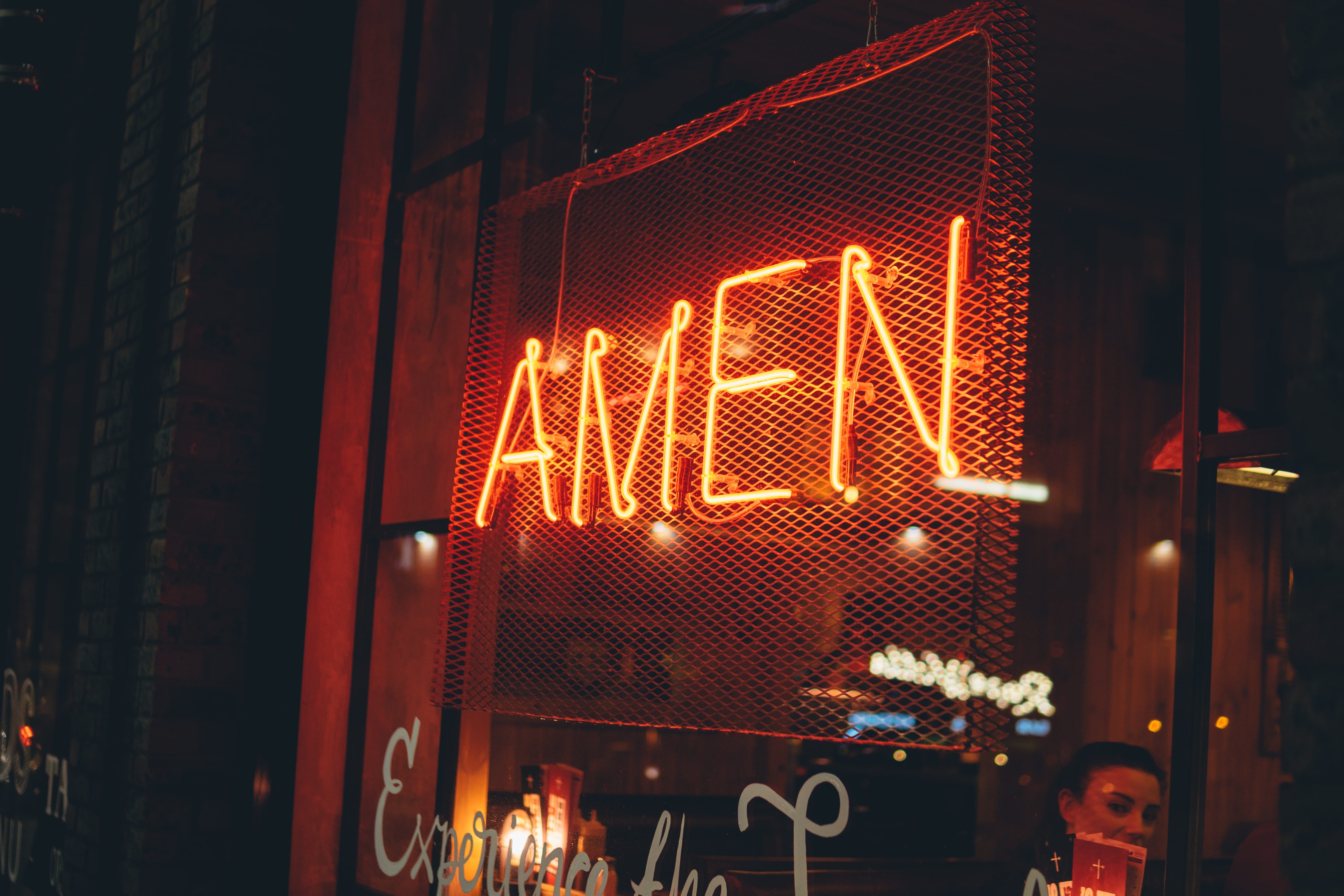 5K, outdoors, illuminated, communication, amen, restaurant, light, building, neon, screen, western script, human, lighting equipment, architecture, business, HD Wallpaper