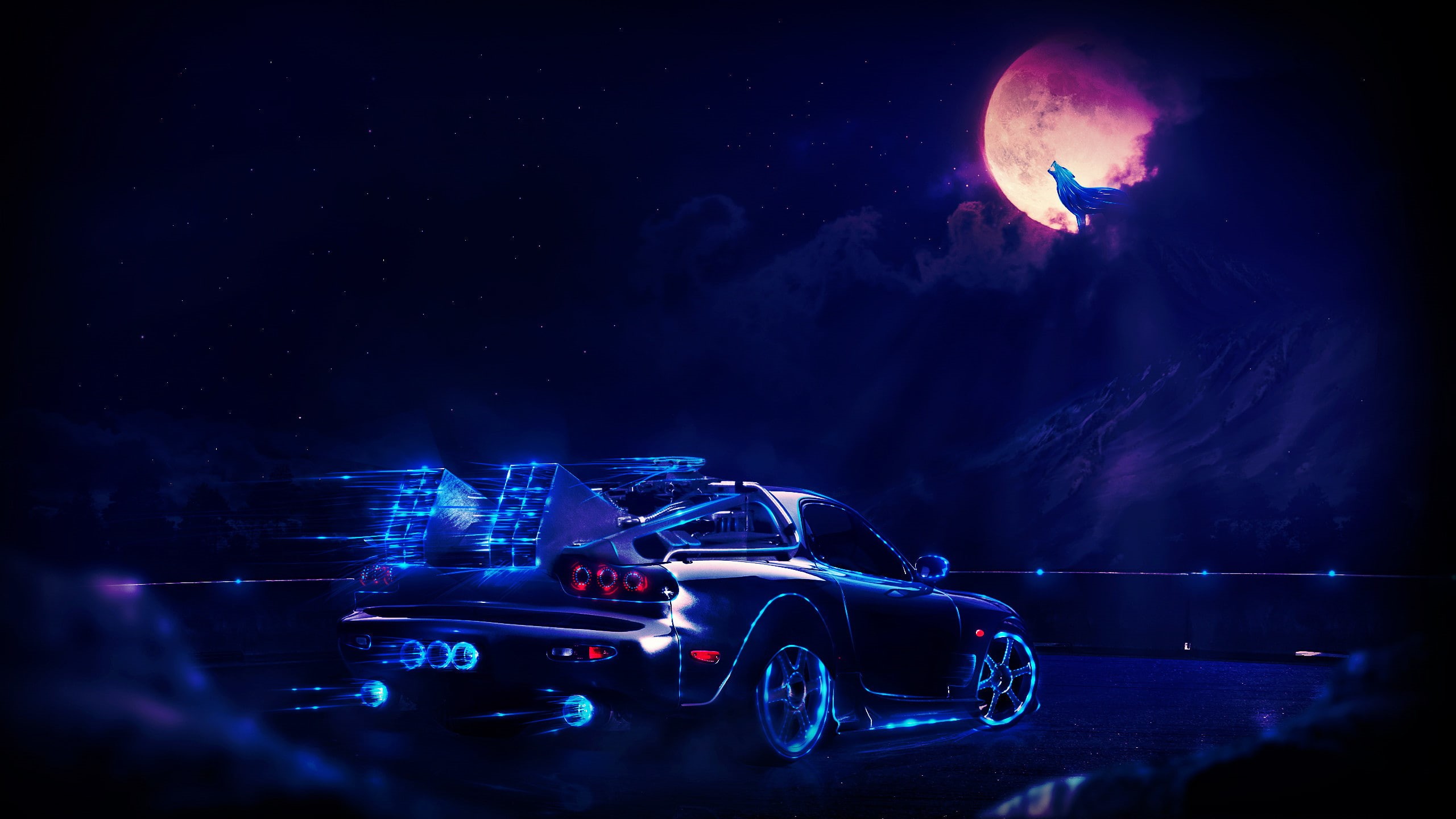 wolf, night, Back to the Future, neon, Photoshop, Mazda RX-7, 2K, machine, HD Wallpaper