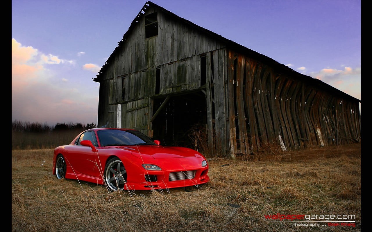 abandoned, obsolete, motor vehicle, built structure, red, transportation, architecture, Mazda RX-7, day, land, car, mode of transportation, Mazda, cloud - sky, HD Wallpaper