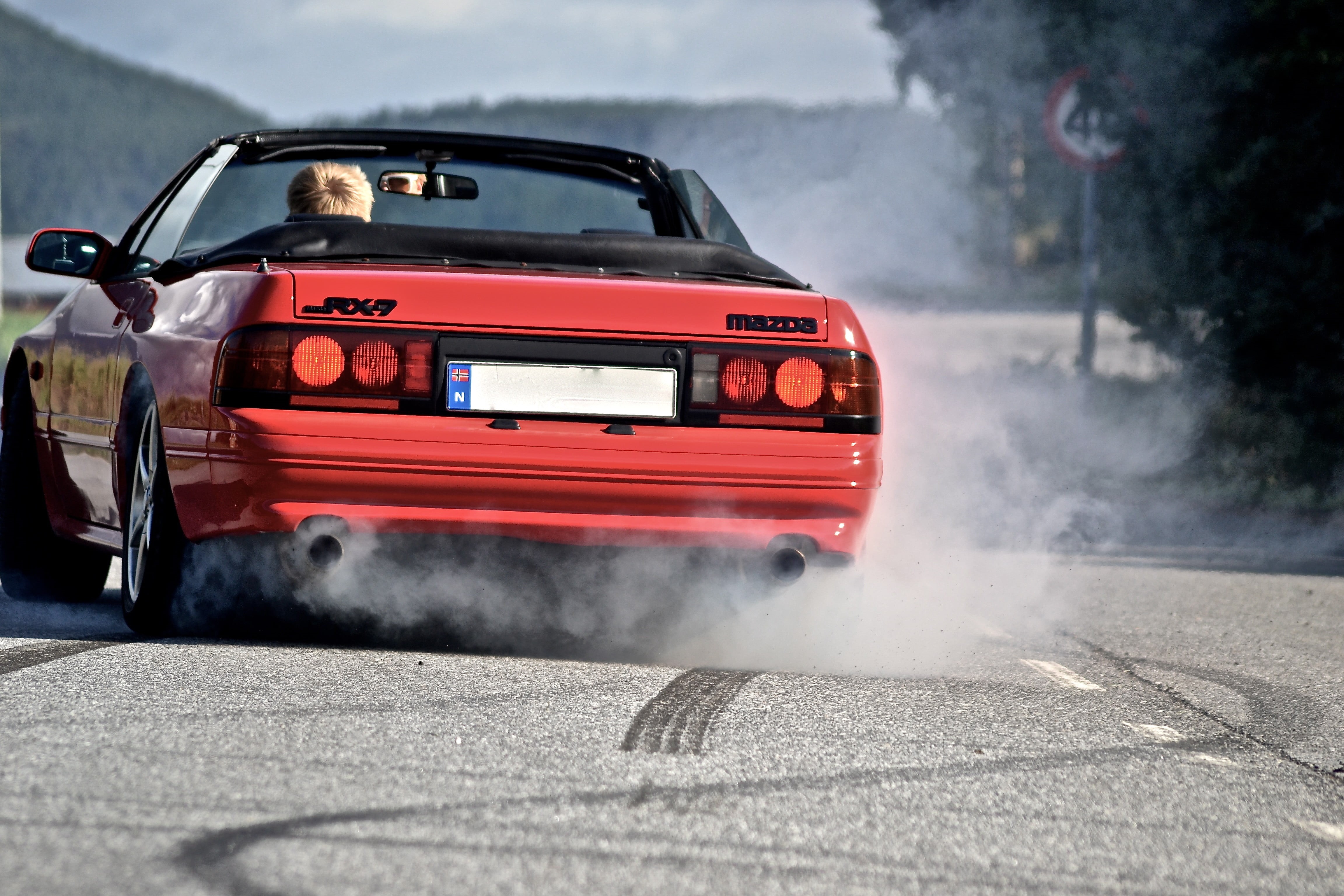 people, Mazda RX-7, motor vehicle, land vehicle, safety, mode of transportation, mazda, convertible, road, car, sign, Norway, 4K, accidents and disasters, HD Wallpaper