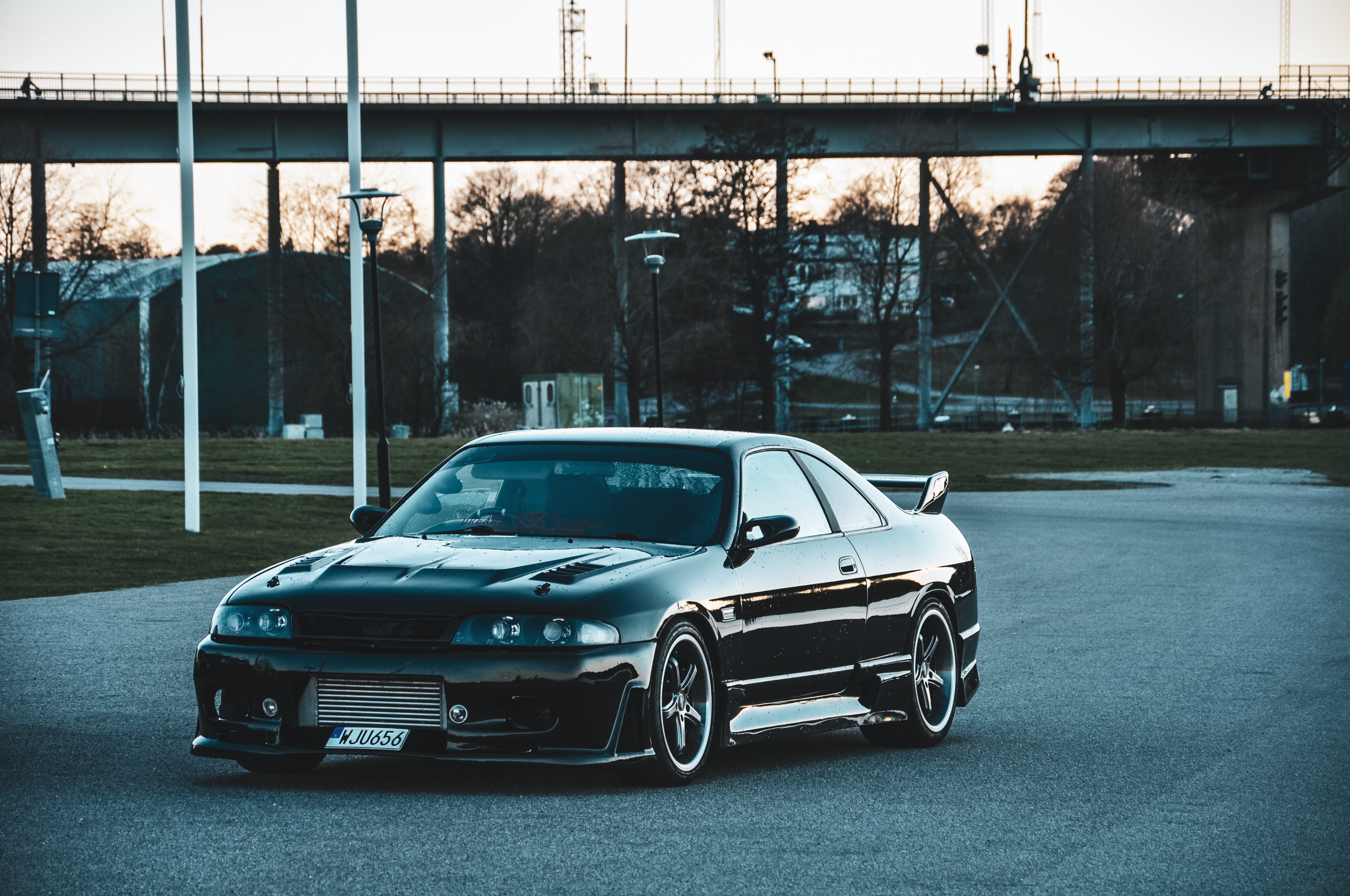 architecture, transportation, retro styled, built structure, sweden, vänersborg, city, coupe, mustang, black, road, street, stationary, tree, car wheel, HD Wallpaper