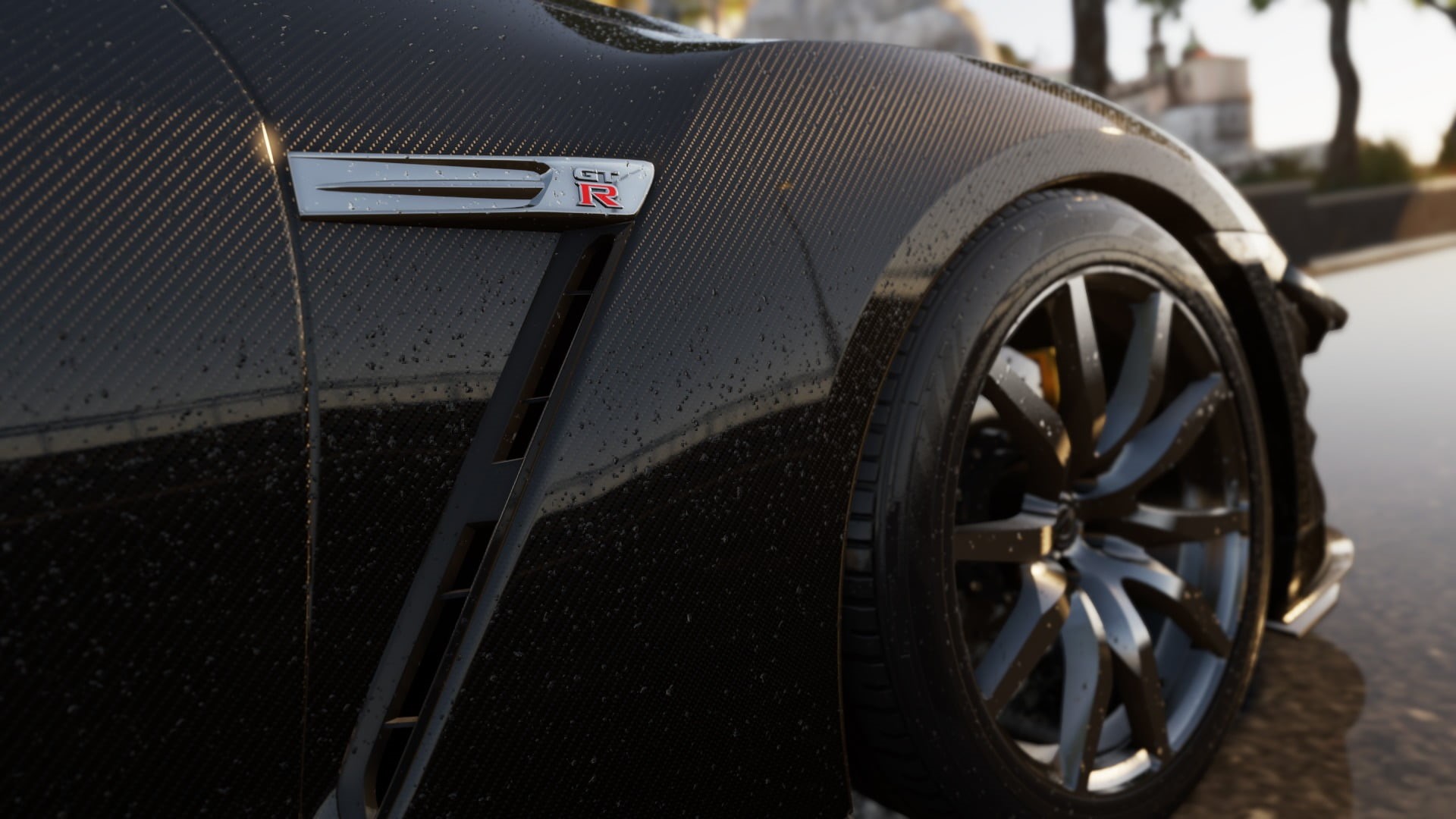 Forza Motorsport, rain, no people, Xbox, black, Nissan, tire, Forza Horizon 2, land vehicle, wheels, stationary, communication, black cars, carbon fiber , HD Wallpaper