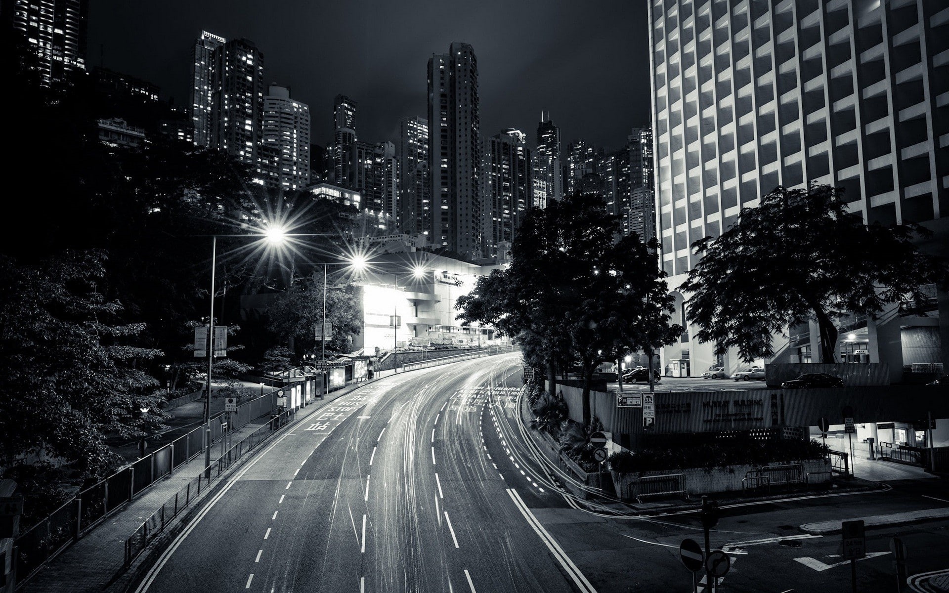 gray, Hong Kong, street, architecture, building, night, city lights, city, urban, photography, street light, road sign, lights, 1080P, monochrome, road, HD Wallpaper