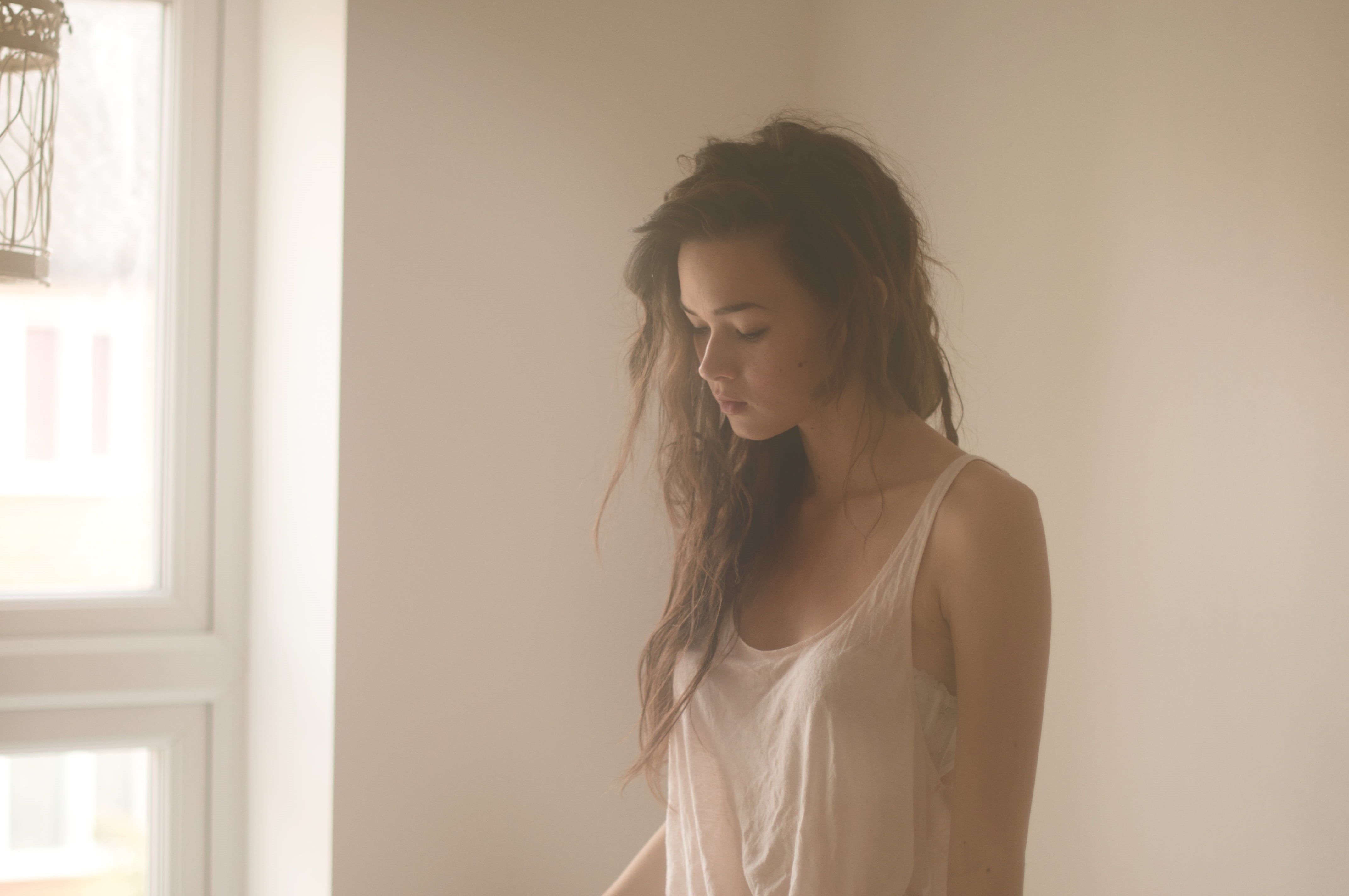 one person, standing, s, beauty, lifestyles, 4K, teenager, hair, waist up, young adult, window, looking, looking away, hairstyle, white, indoors, tank top, HD Wallpaper