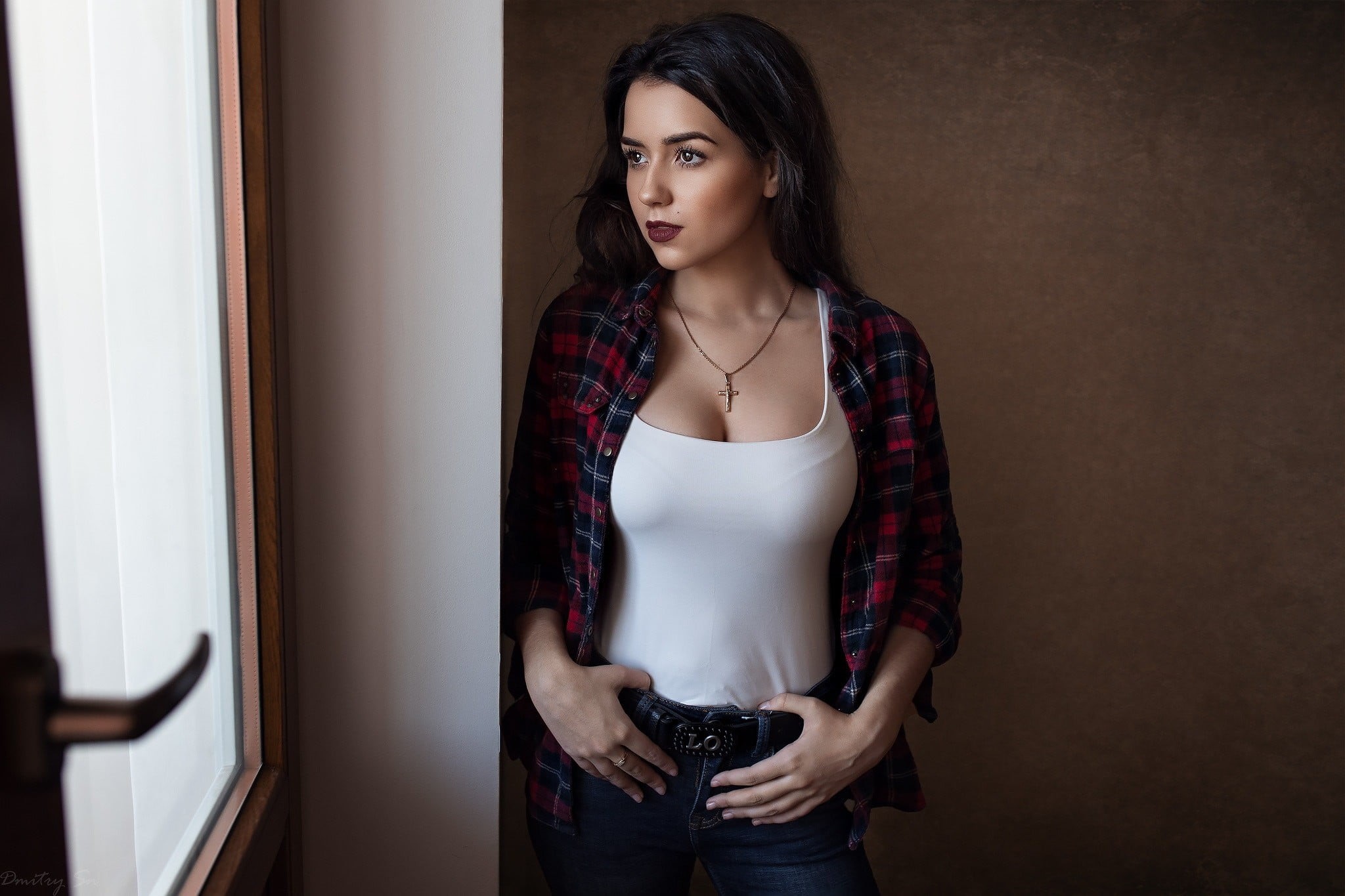 contemplation, portrait, plaid shirt, 1080P, brown hair, s, long hair, necklace, clothing, standing, young women, hairstyle, indoors, hair, beautiful woman, HD Wallpaper
