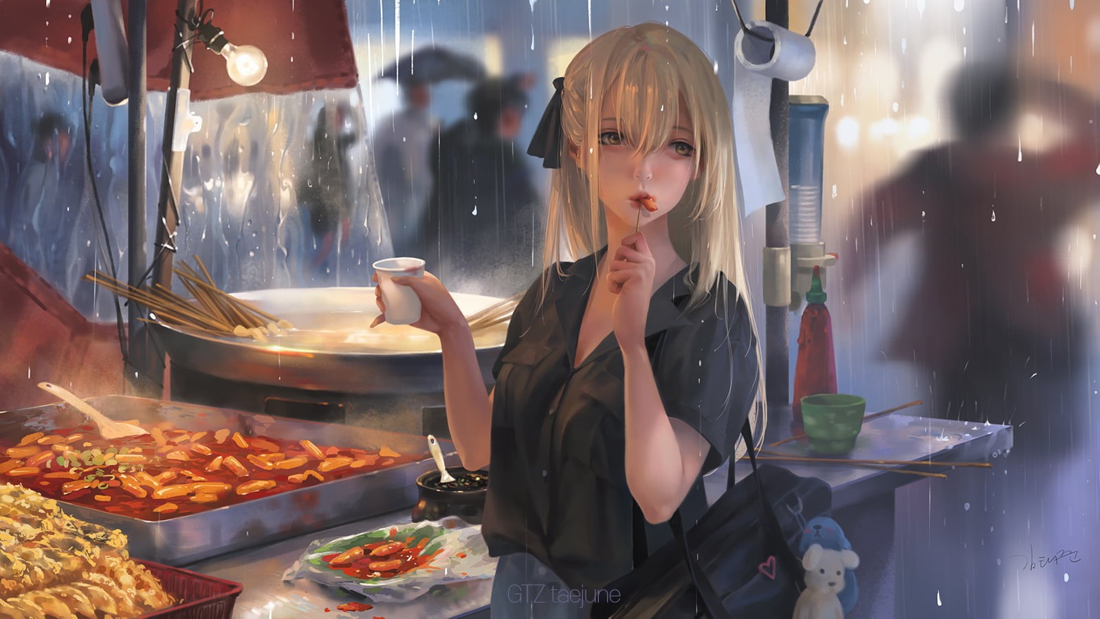 anime girls eating, looking away, depth of field, 720P, shirt, outdoors, artwork, light bulb, portrait, long hair, street, digital art, food, anime girls, HD Wallpaper