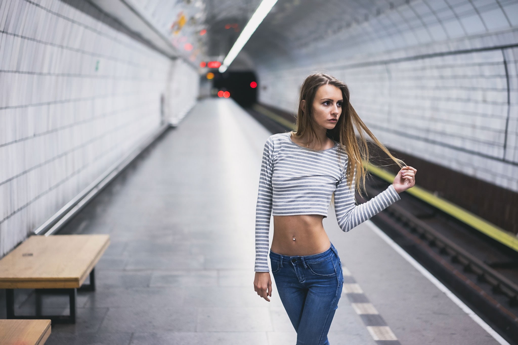 belly, shirt, hairstyle, one person, striped, day, transportation, jeans, architecture, long, standing, leisure activity, s, adult, depth of field, young women, HD Wallpaper