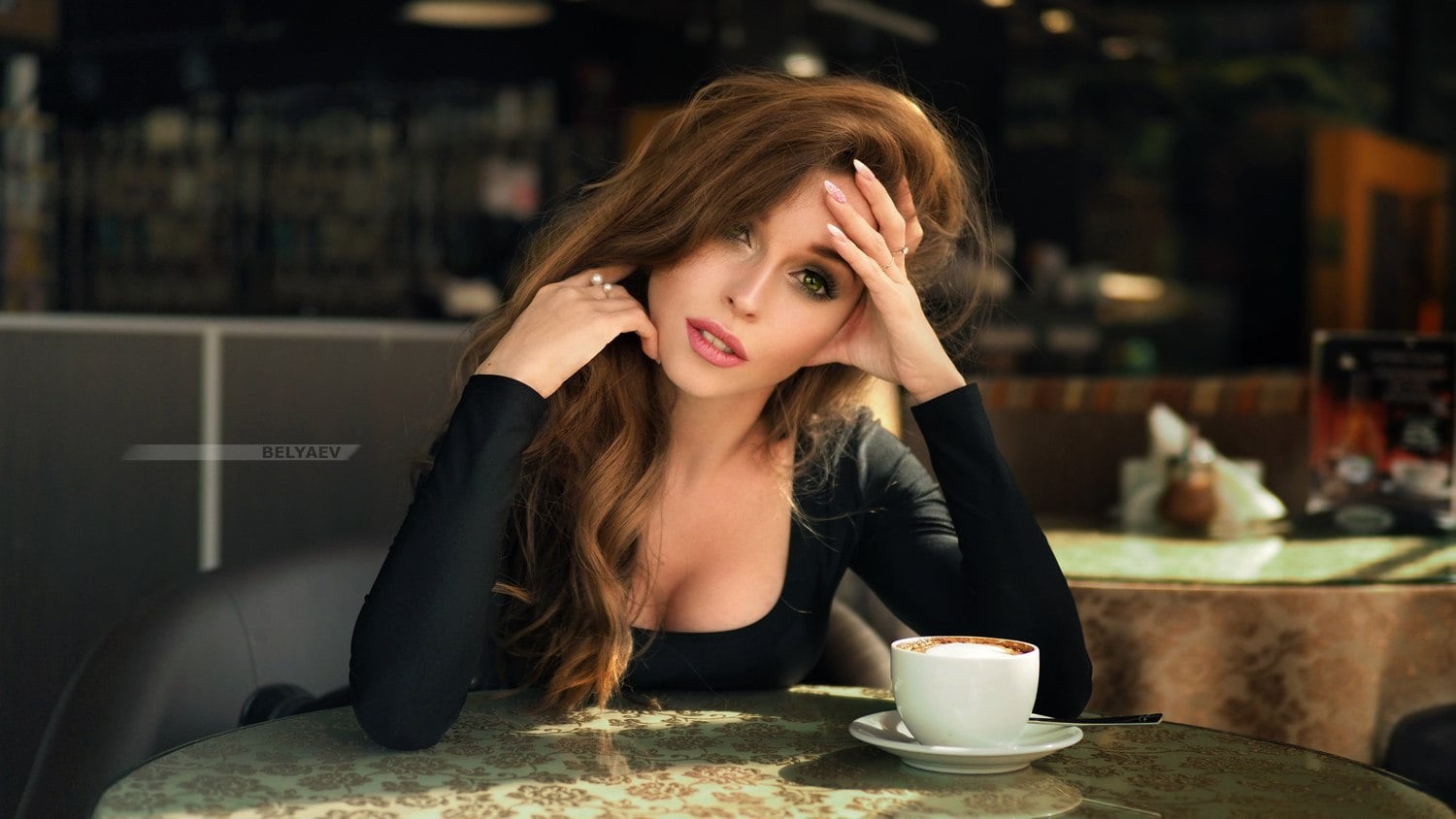 cafe, Dmitry Belyaev, 720P, brunette, sitting, food and drink, cup, hairstyle, face, beautiful woman, s, coffee - drink, beautiful people, beauty, young adult, HD Wallpaper