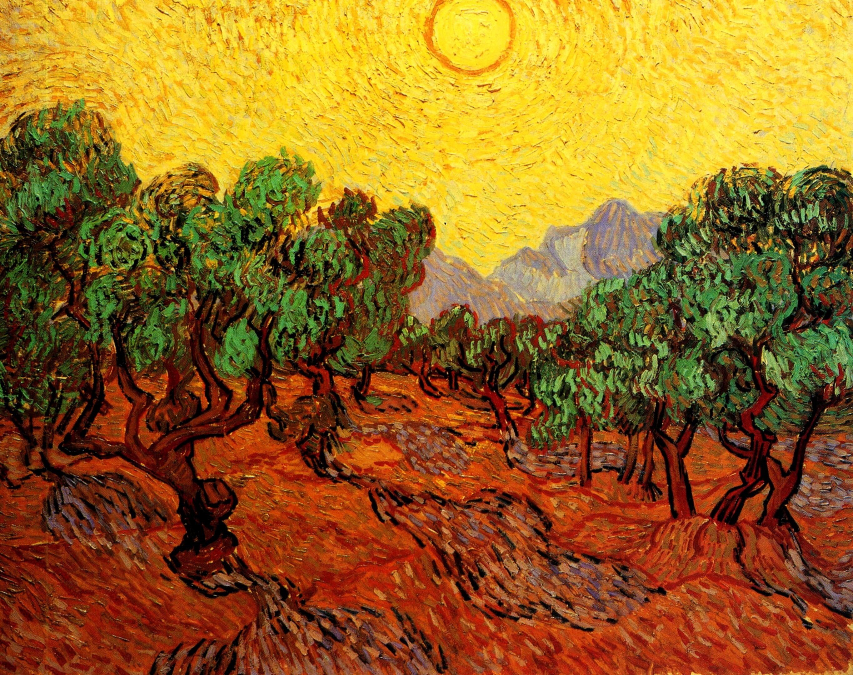 Olive Trees, and Sun, with Yellow Sky, trees, mountains, 2K, Vincent van Gogh, the sun, HD Wallpaper