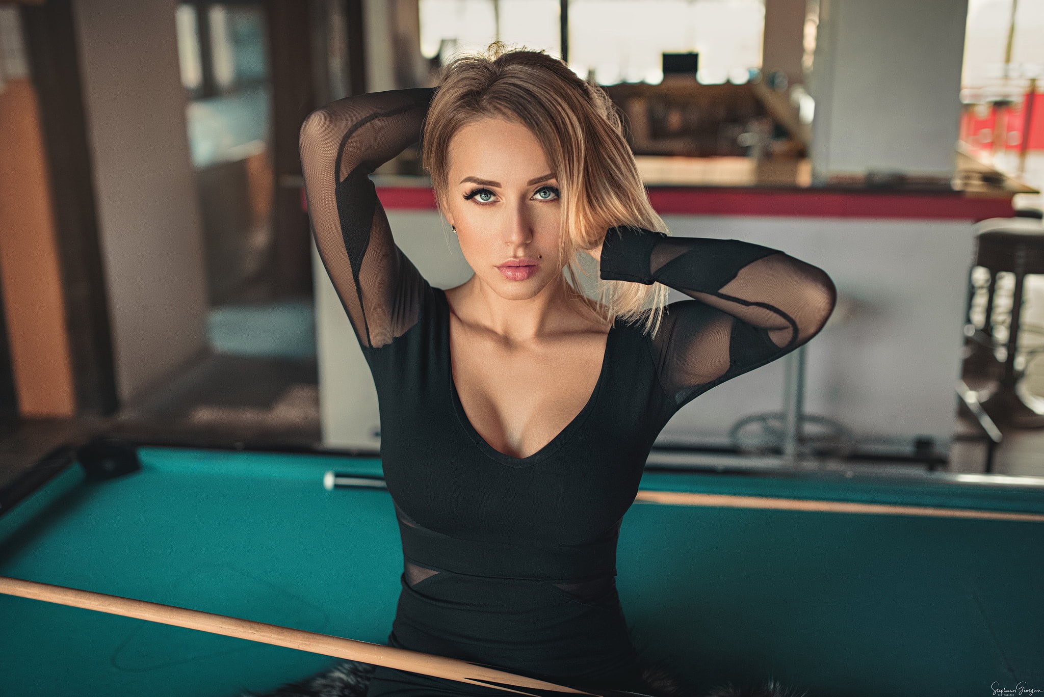 activity, sport, top, adult, depth of field, leisure Activity, tight dress, neck, pool table, hairstyle, indoors, pool Cue, looking at camera, looking, HD Wallpaper