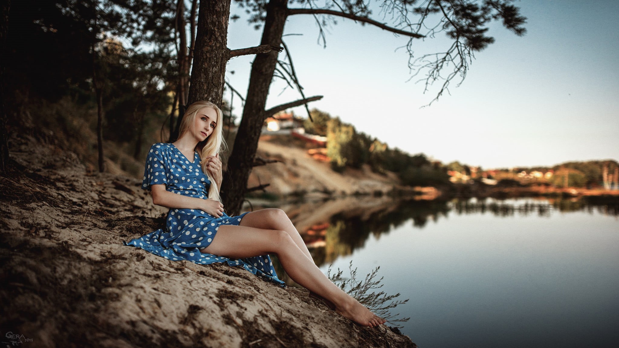 sky, lake, evening, 1080P, blue dress, rock - object, full length, clear sky, scoop, portrait, hairstyle, nature, one person, outdoors, trees, contemplation, HD Wallpaper