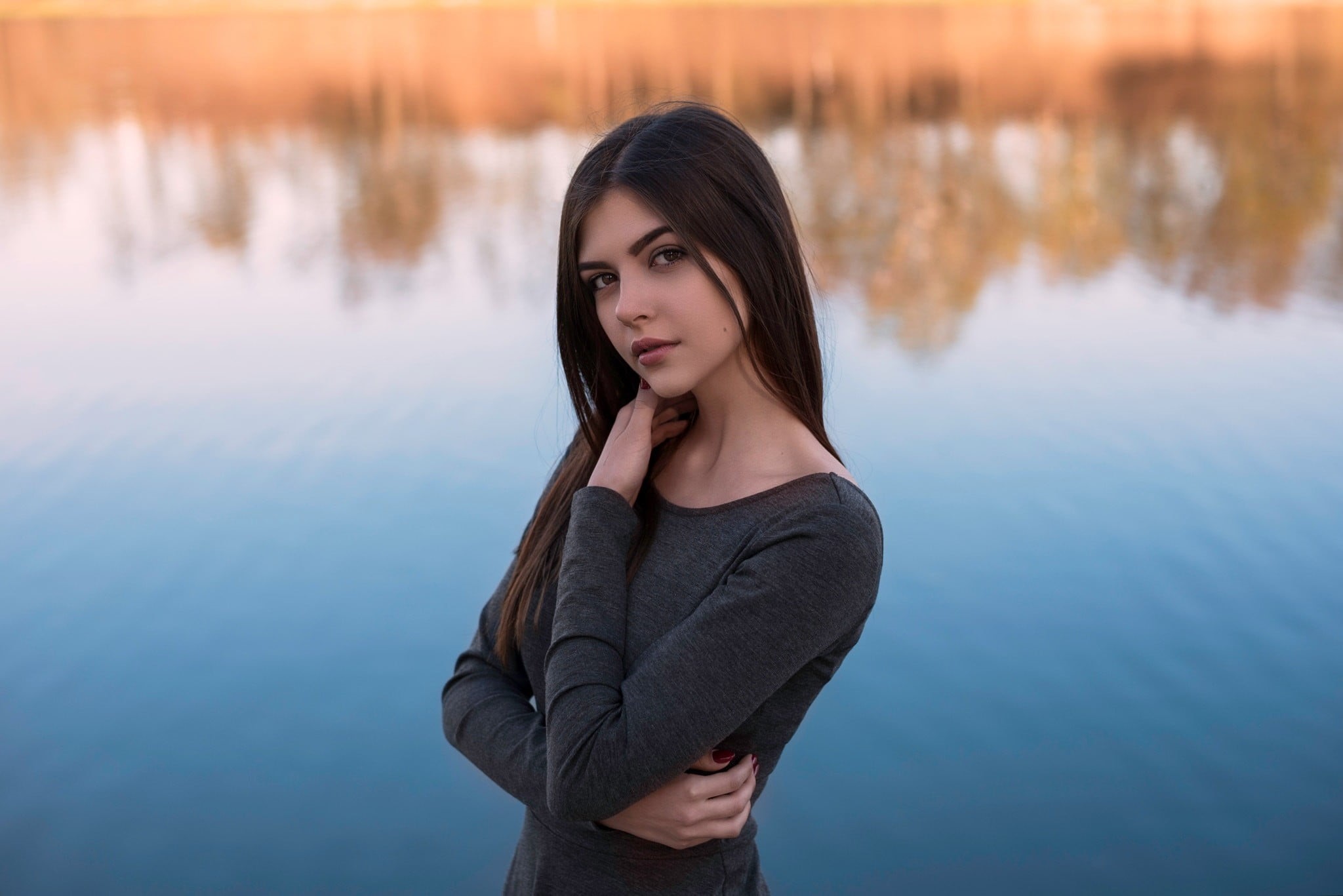 straight hair, scoop, brown eyes, lake, looking at camera, s, Roman Prystaiko, dress, women outdoors, natural light, face, depth of field, red nails, lifestyles, HD Wallpaper
