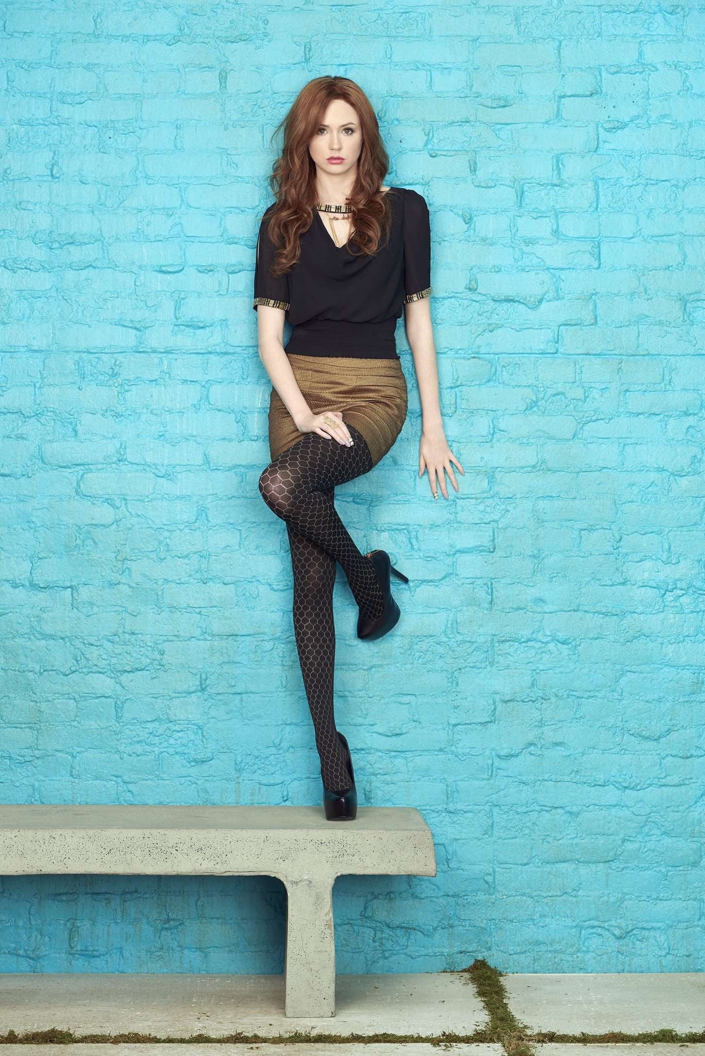 clothing, standing, beautiful woman, portrait display, positive emotion, fashion, neck, wall, bench, beautiful people, black tops, stockings, front view, Phone HD Wallpaper