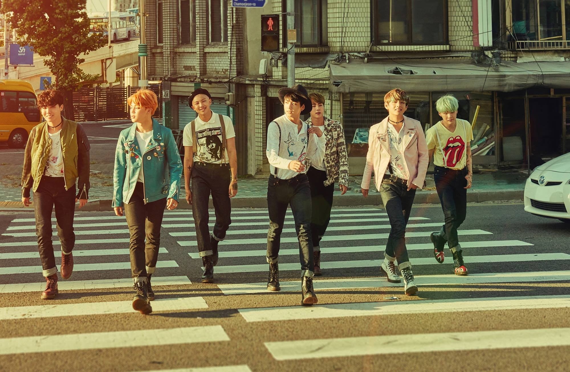 Rap Monster, Jin bts, building exterior, group of people, women, Jimin, long, Suga, white, V bts, friendship, street, men, transportation, sunlight, 1080P, HD Wallpaper