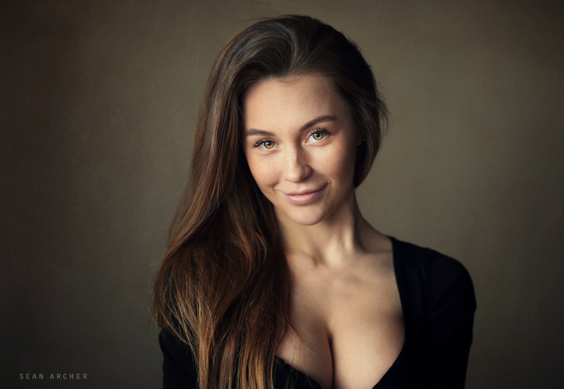 front view, s, black, looking at camera, black clothing, cleavage, hairstyle, long hair, beautiful woman, headshot, Russian women, adult, young women, beauty, HD Wallpaper