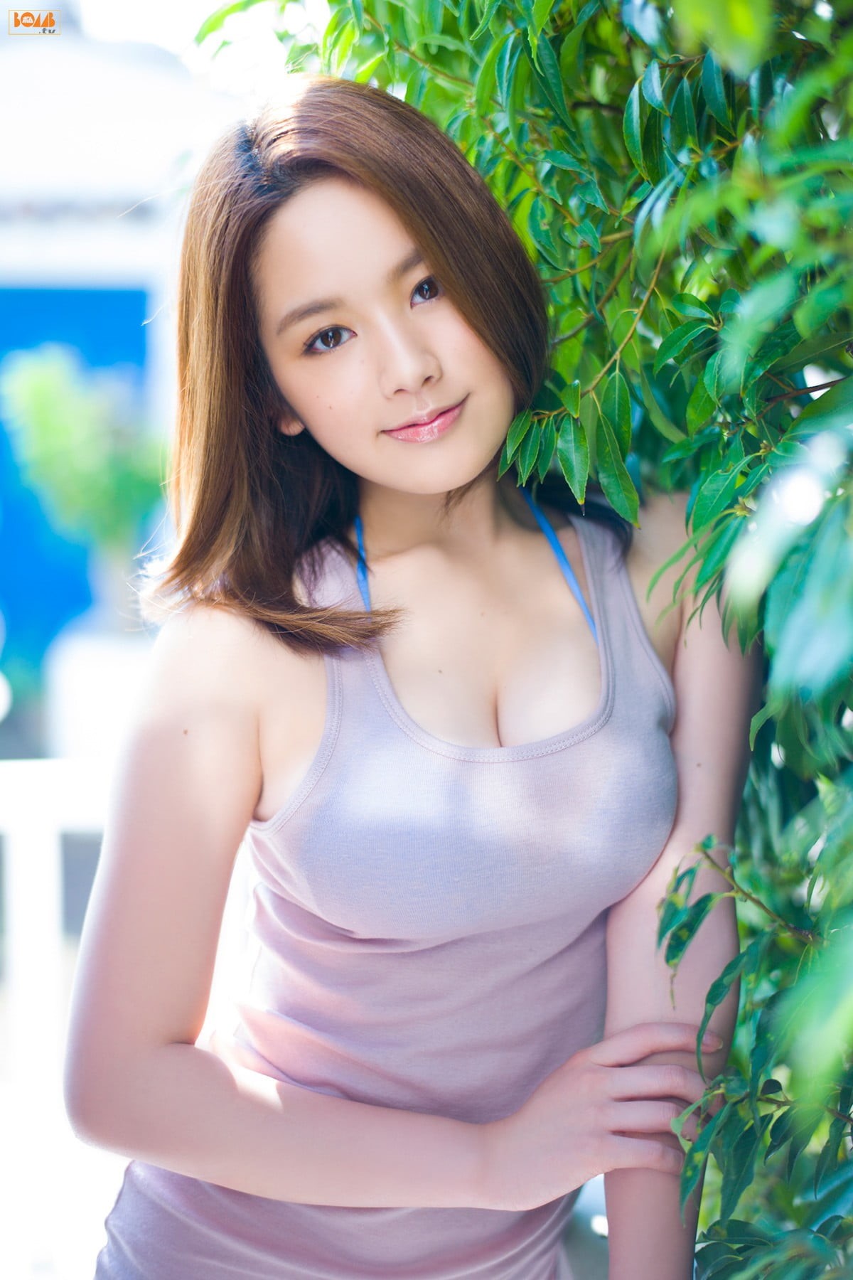 bangs, outdoors, looking at camera, bare shoulders, pink, nature, tank top, long hair, fashion, plant, leaves, s, standing, waist up, women, Asian, brunette, Phone HD Wallpaper