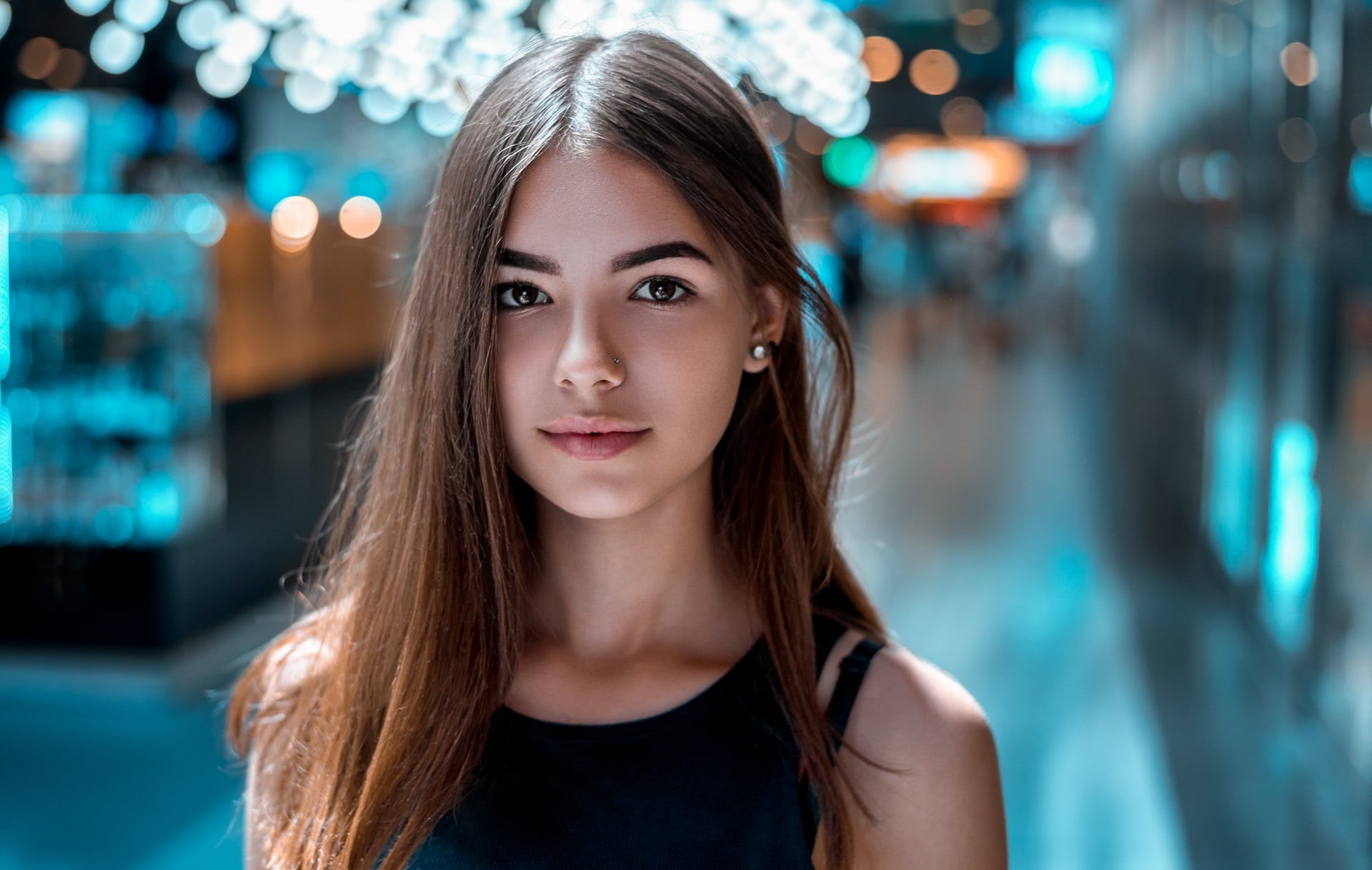 brunette, beauty, hair, human Face, looking, headshot, casual Clothing, long Hair, one Person, sleeveless, females, black, city, face, urban Scene, glamour, HD Wallpaper
