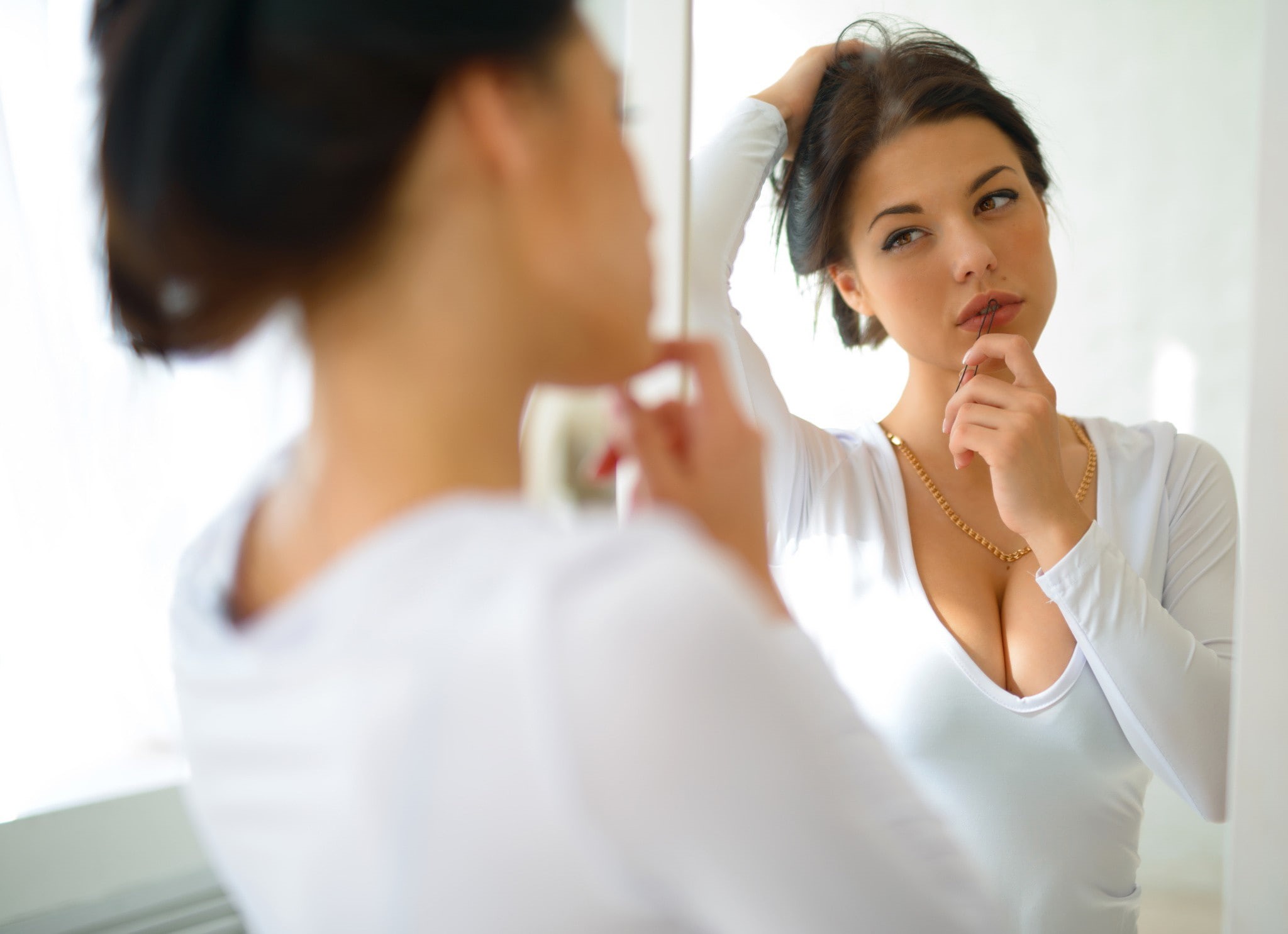 reflection, model, women, cleavage, mirror, face, Marina Shimkovich, hands on head, portrait, 1080P, HD Wallpaper
