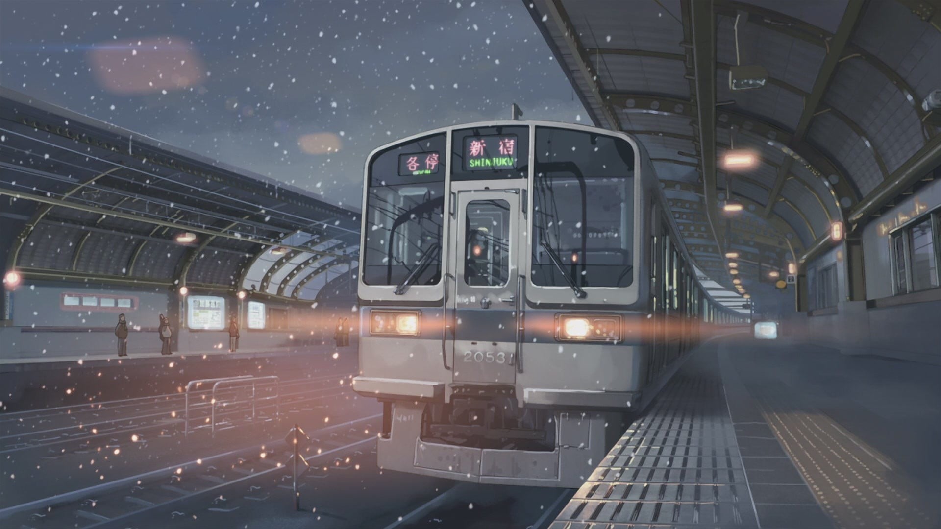 anime, no people, night, outdoors, Makoto Shinkai, train, travel, transportation, public transportation, rail transportation, mode of transportation, built structure, HD Wallpaper