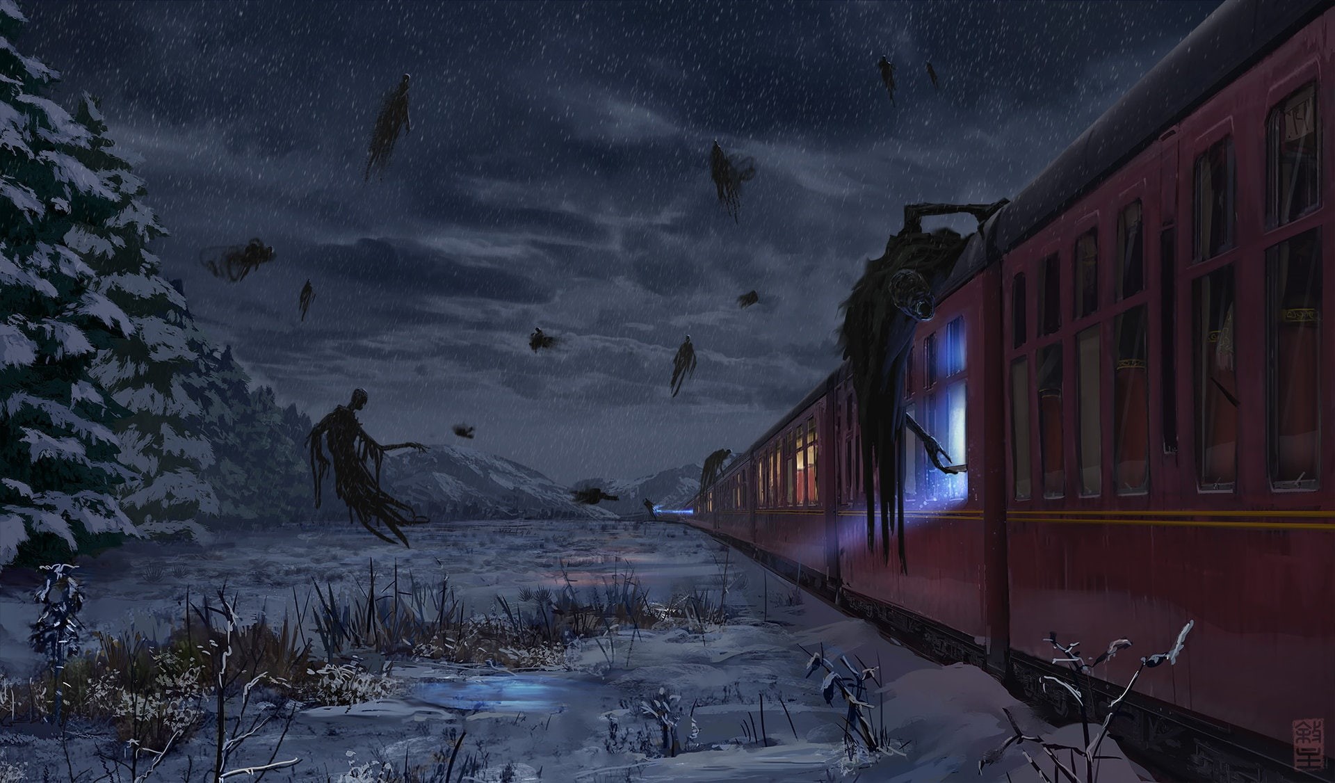 1080P, sky, Josh Hutchinson, dusk, building exterior, building, cold temperature, nature, power in nature, fantasy art, train, winter, environment, storm, HD Wallpaper