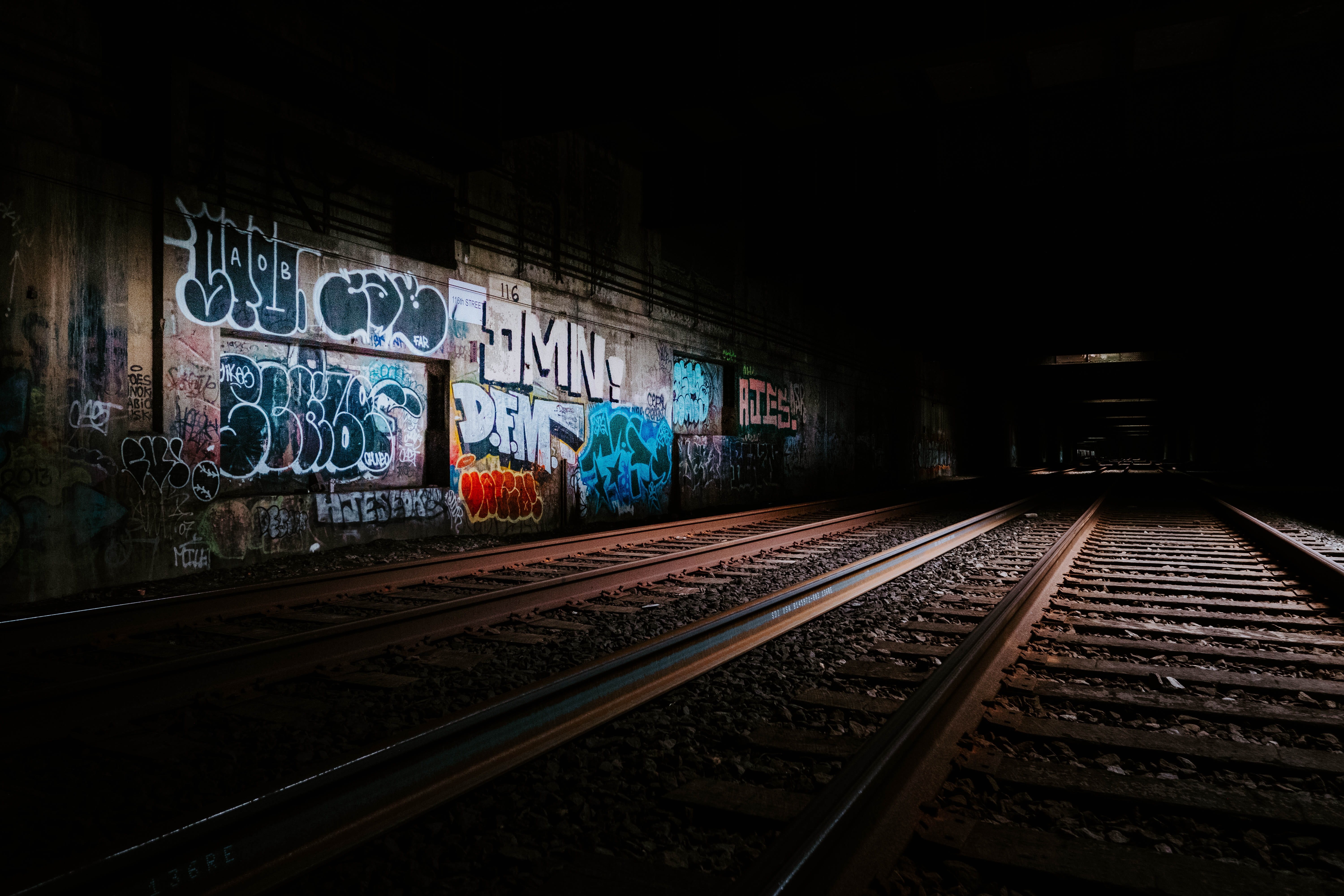 no people, track, trail, urban, train track, street art, indoors, communication, wall, night, public transportation, nyc, transportation, rail transportation, HD Wallpaper