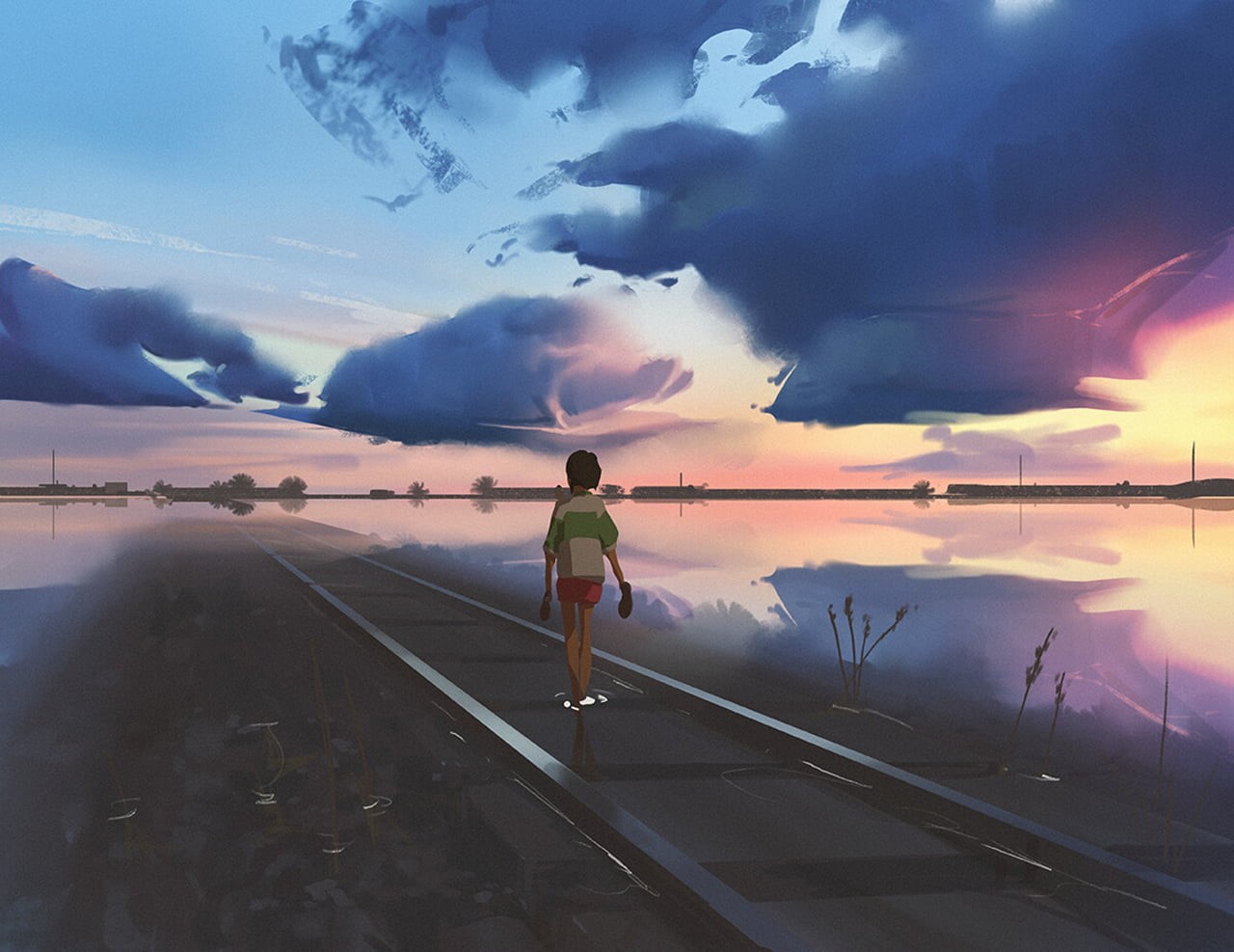 railway, drawing, 720P, paint brushes, Spirited Away, Atey Ghailan, river, HD Wallpaper