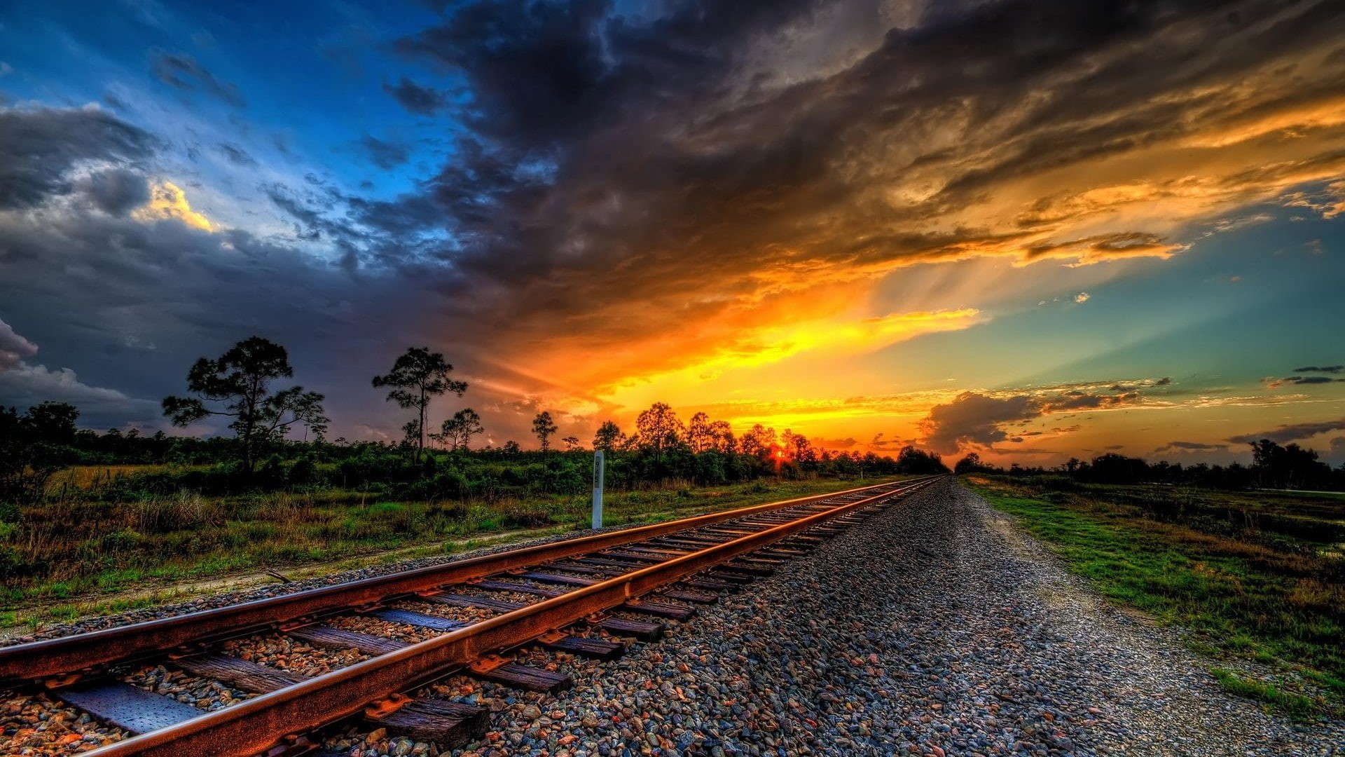 HDR, 1080P, sunset, railway, HD Wallpaper