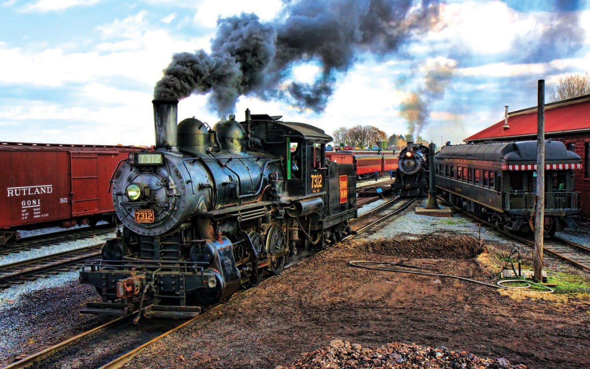 vintage, 1080P, day, public transportation, transportation, crossing, cloud - sky, train, smoke - physical structure, railway, rail transportation, nature, HD Wallpaper