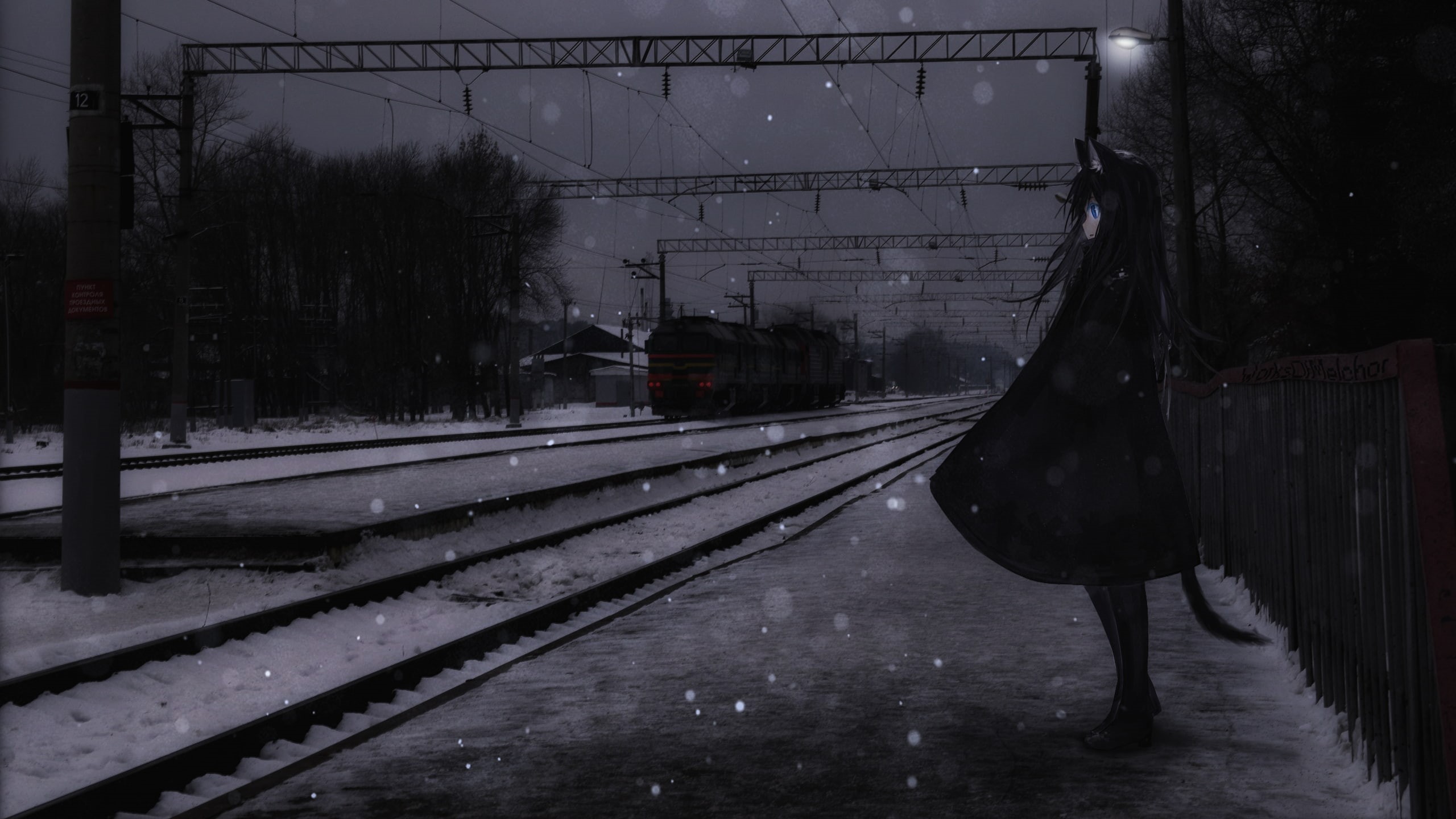 dark, railway, snow, 2K, urban, anime girls, train, anime, HD Wallpaper