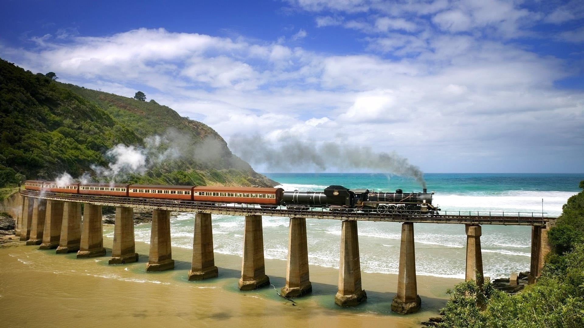 day, architecture, travel destinations, Mexico, forest, water, scenics - nature, clouds, built structure, outdoors, railway, connection, coast, hills, trees, HD Wallpaper
