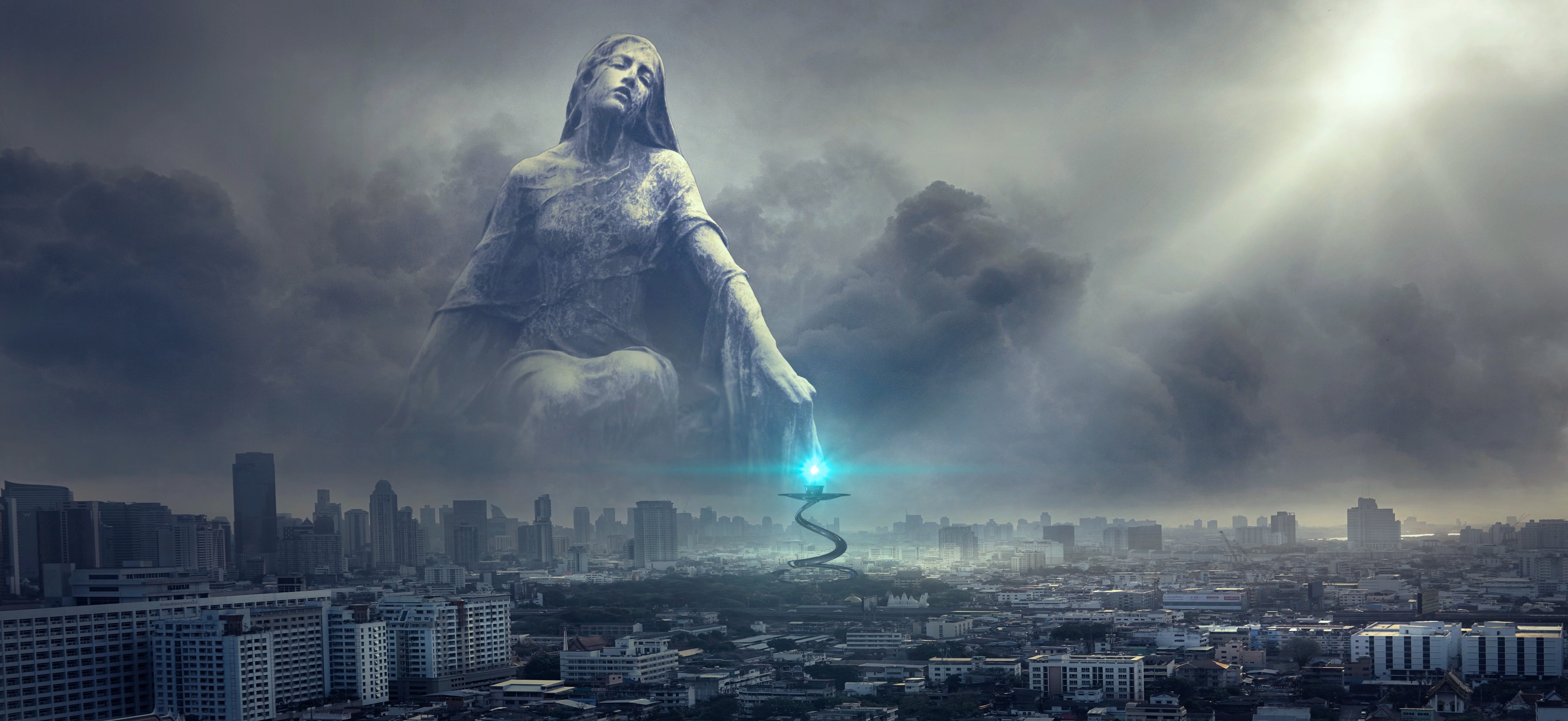travel destinations, human representation, cloud - sky, clouds, forward, building exterior, photomontage, light, gloomy, building, built structure, city, HD Wallpaper