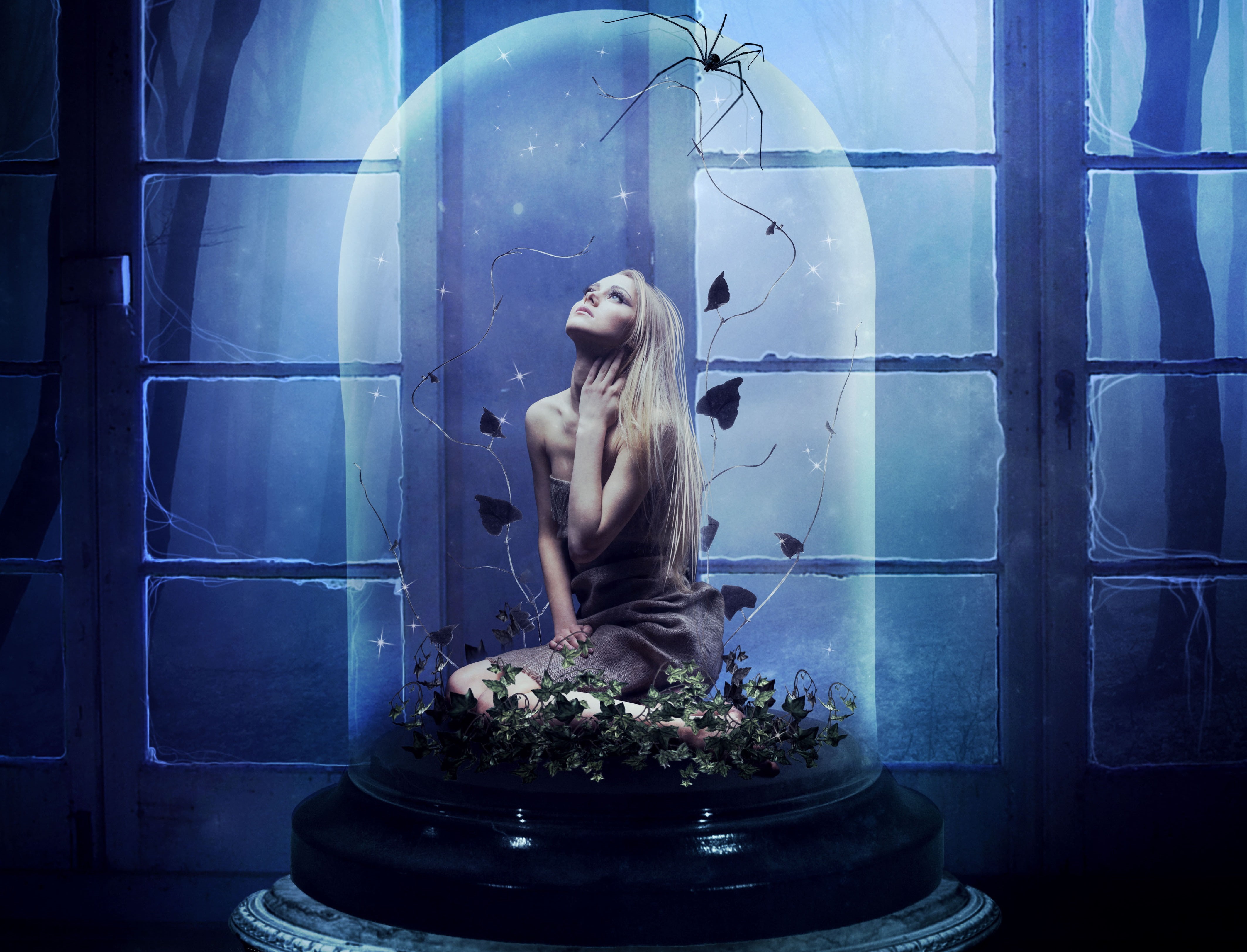 blonde, long hair, 4K, photomontage, women, spider, HD Wallpaper