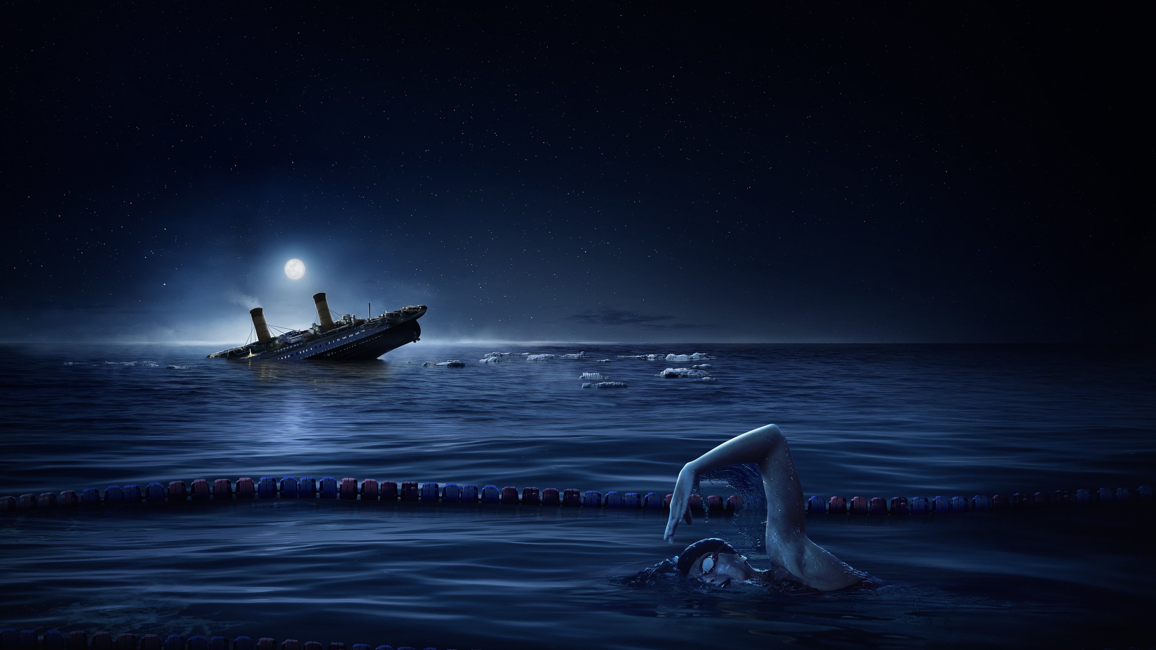 swimming, stars, fantasy art, ship, sky, men, people, moon rays, starry night, landscape, sports, water, 4K, night, night sky, digital art, Titanic, Photoshop, HD Wallpaper