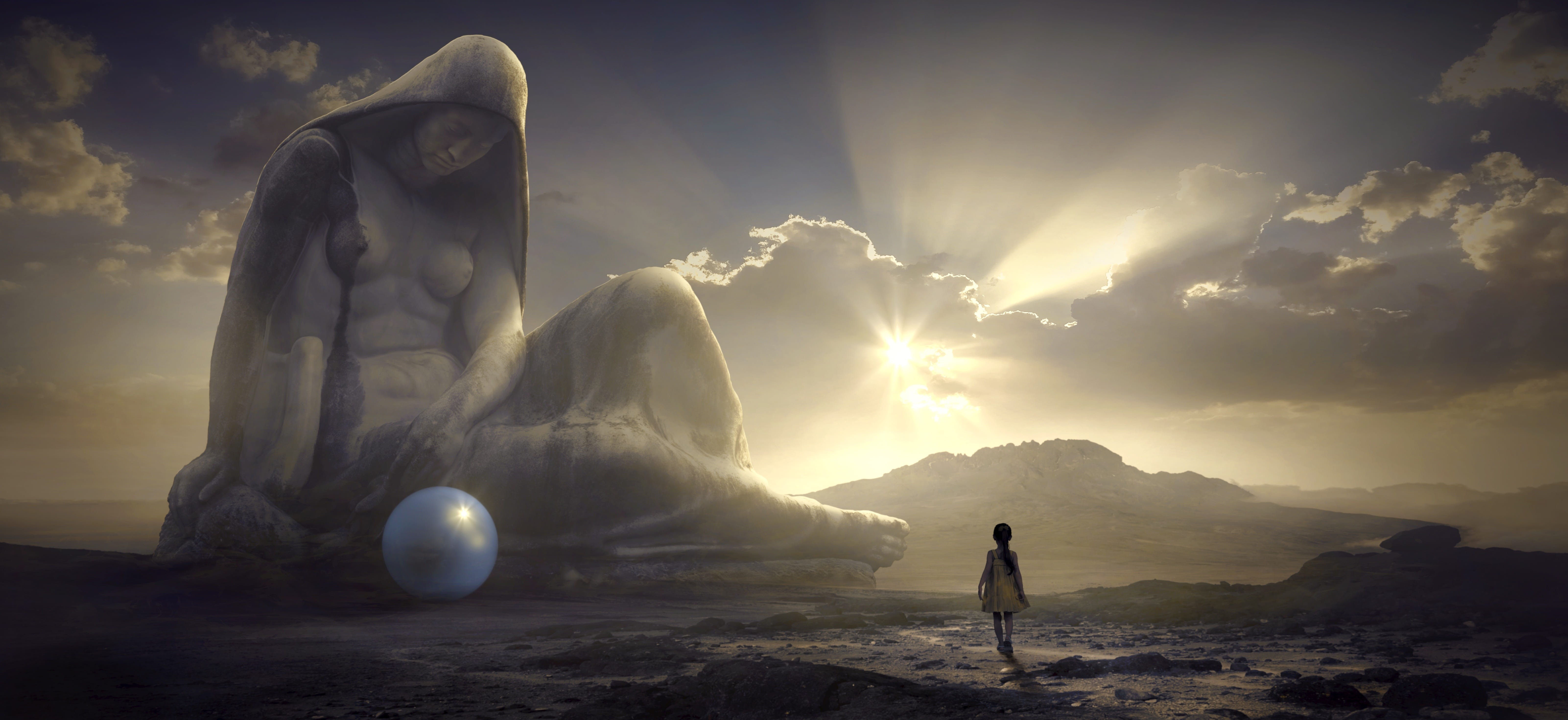 fantastic, cloud - sky, mood, ball, dark, sky, girl, surreal, rock - object, dramatic, land, real people, magical, rock, outdoors, leisure activity, emotional, HD Wallpaper