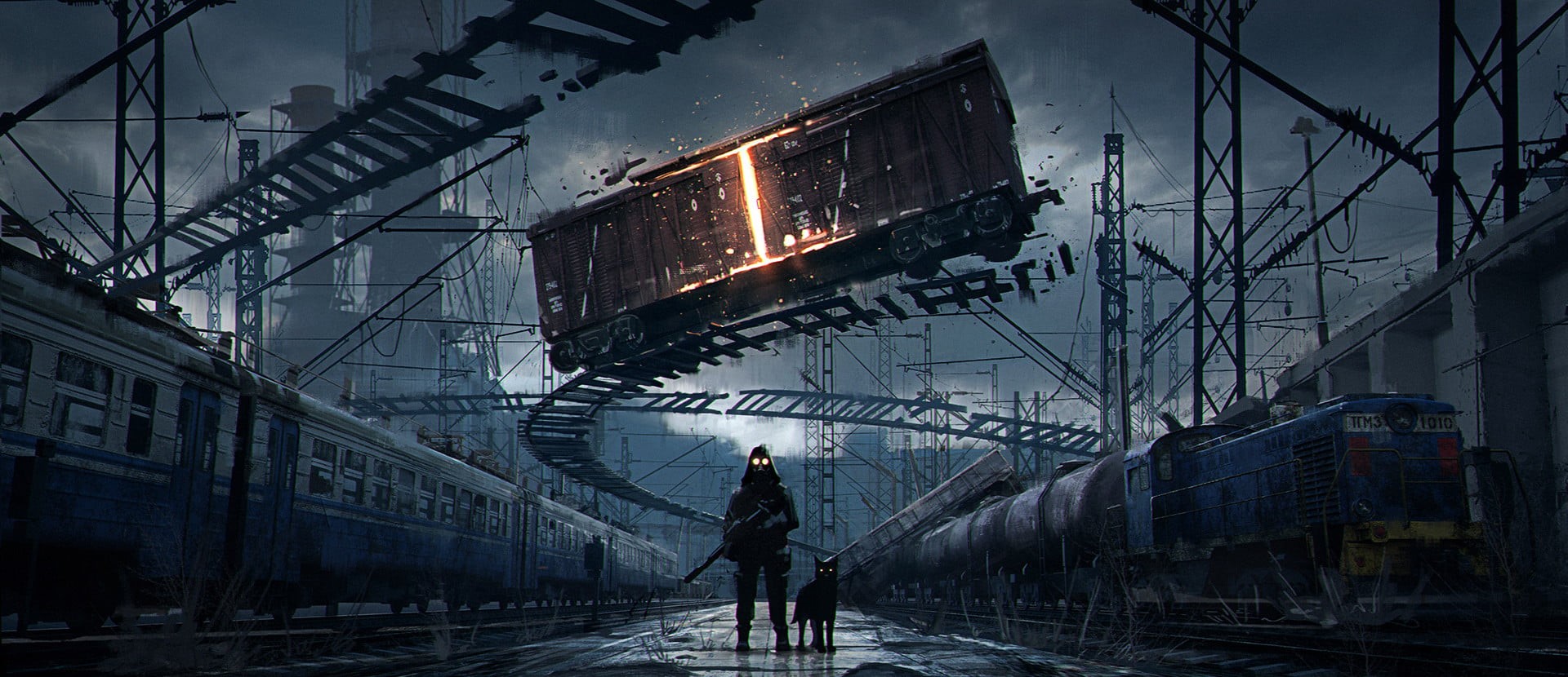 surreal, Maksym Harahulin, 2D, fuel and power generation, clouds, railway, city, concept art, adult, science fiction, nature, transportation, sky, built structure, HD Wallpaper