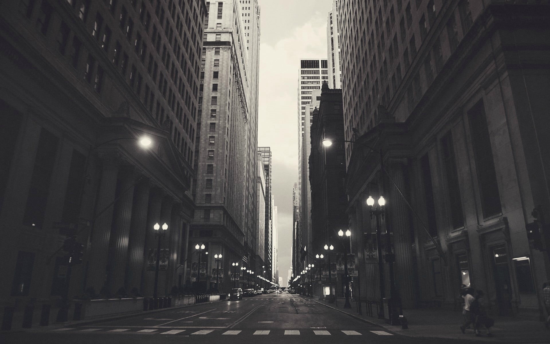 dark, photography, financial District, the way forward, city, new York State, diminishing perspective, modern, black And White, urban Scene, building, road, HD Wallpaper