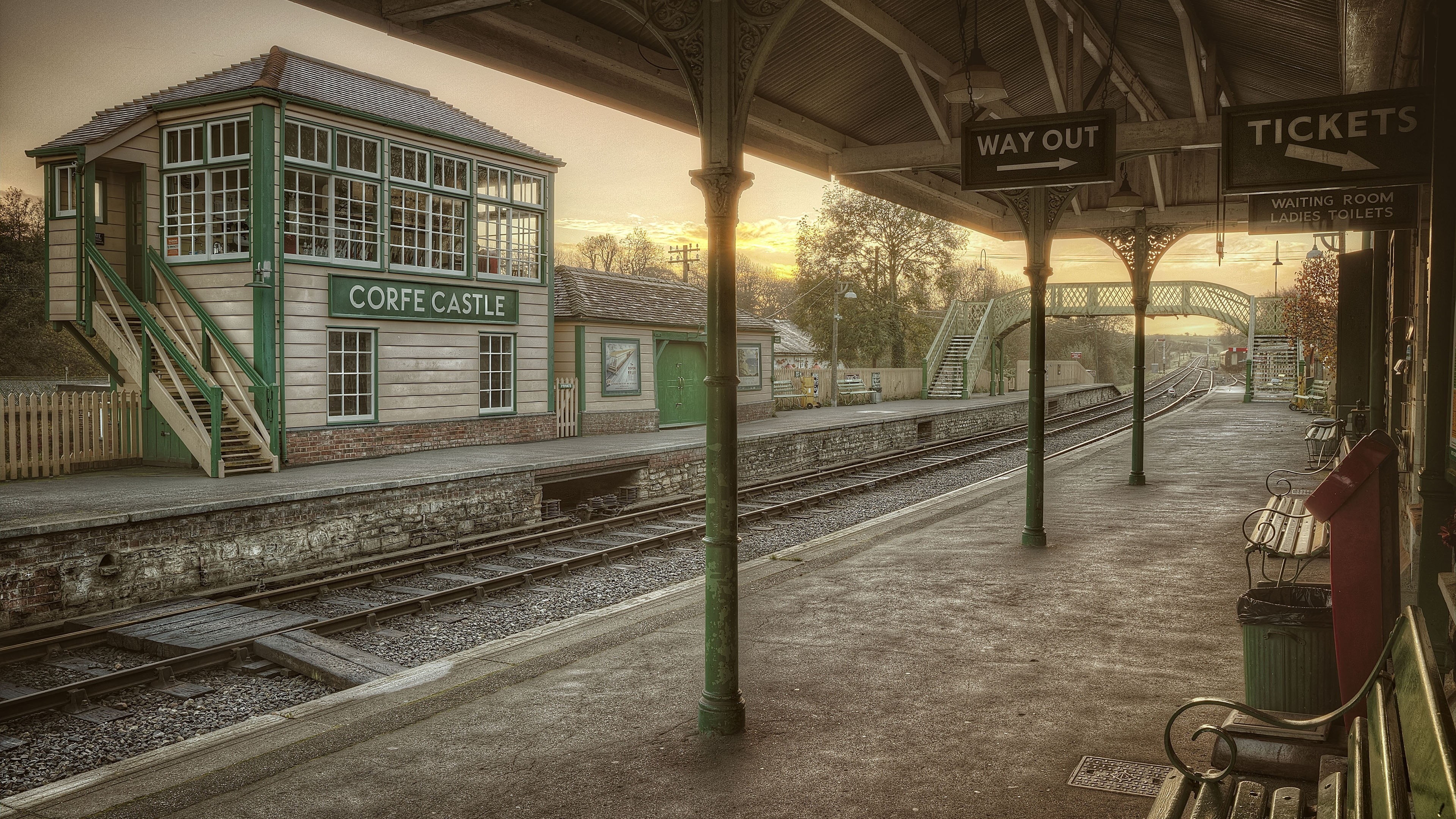 train station, united kingdom, rail transport, outdoors, sign, railroad station, train - vehicle, communication, tree, train, dorset, mode of transportation, HD Wallpaper