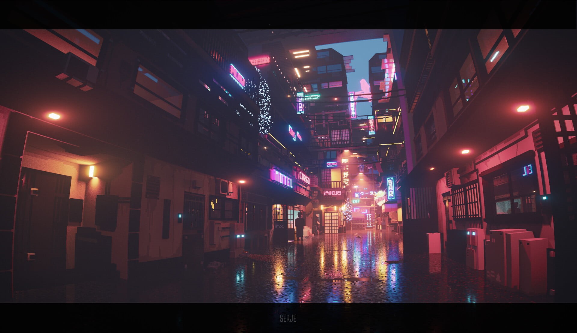 digital art, pixel art, neon lights, 1080P, Sergey Munin, city lights, voxels, HD Wallpaper