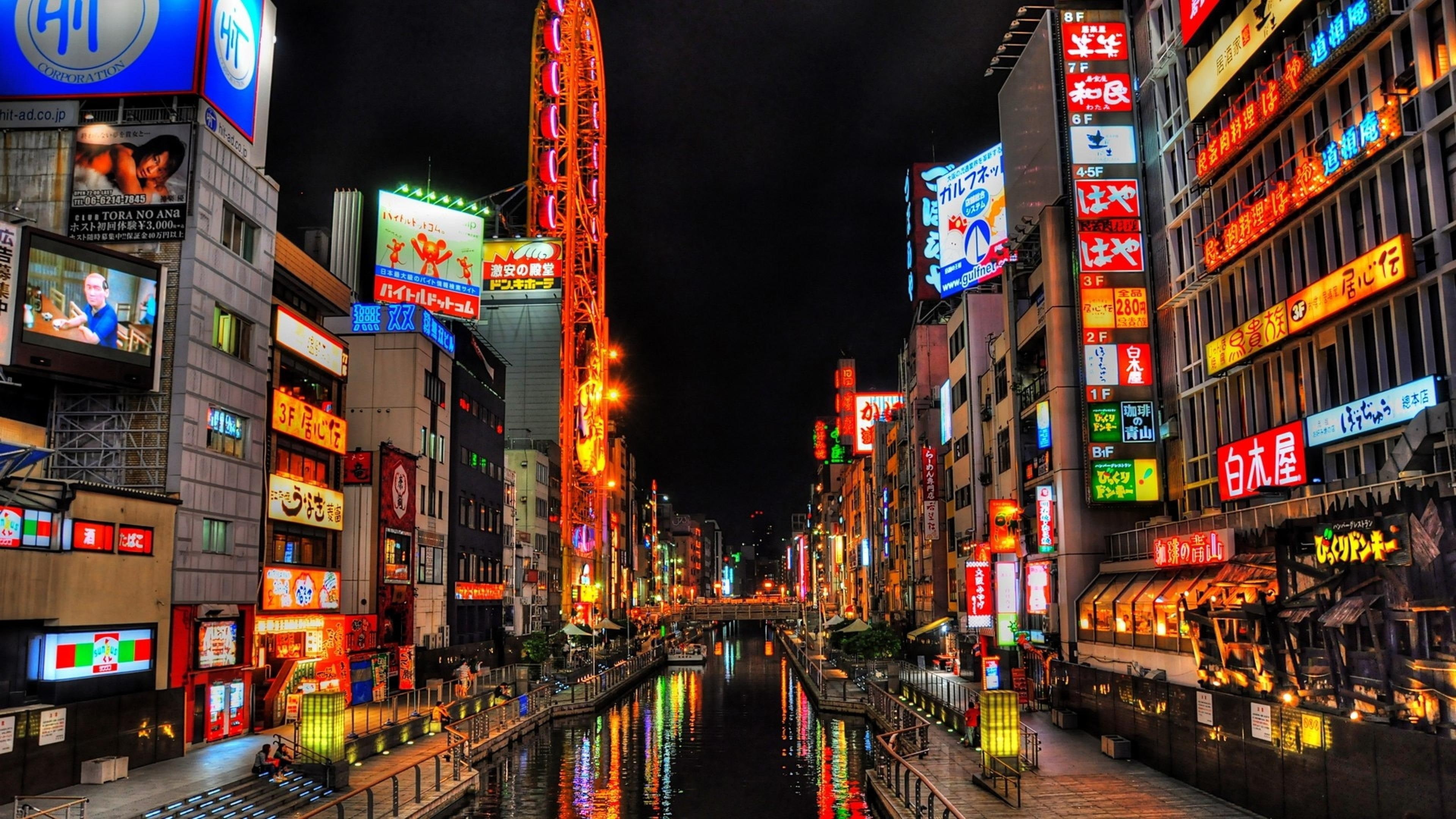 neon lights, metropolitan area, metropolis, asia, osaka, night, japan, evening, 4K, cityscape, town, downtown, city, dotonbori canal, landmark, street, HD Wallpaper